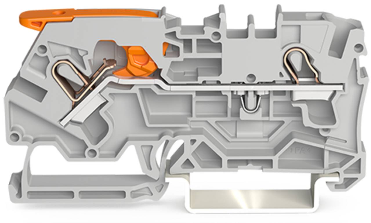 Querschnittsansicht eines grau-orangefarbenen Elektroklemmenblocks mit internen Metallverbindungen und Stromwegen.