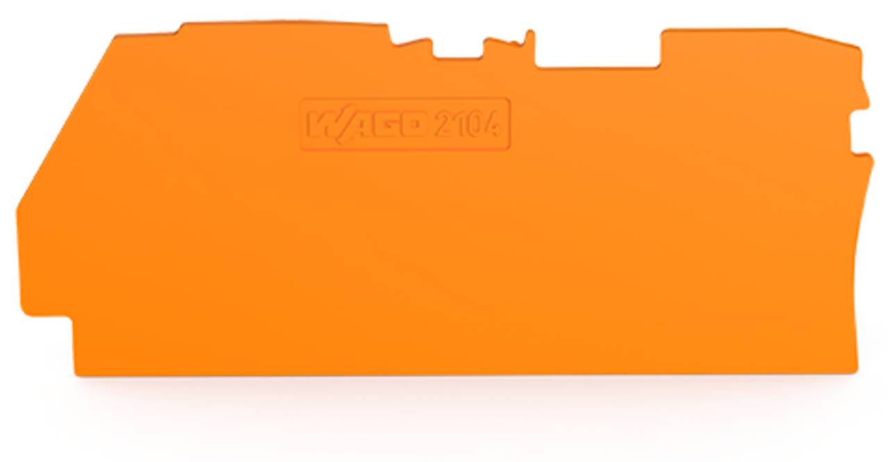 Eine orange Kunststoffkomponente mit dem eingeprägten Text „WAGO 2104