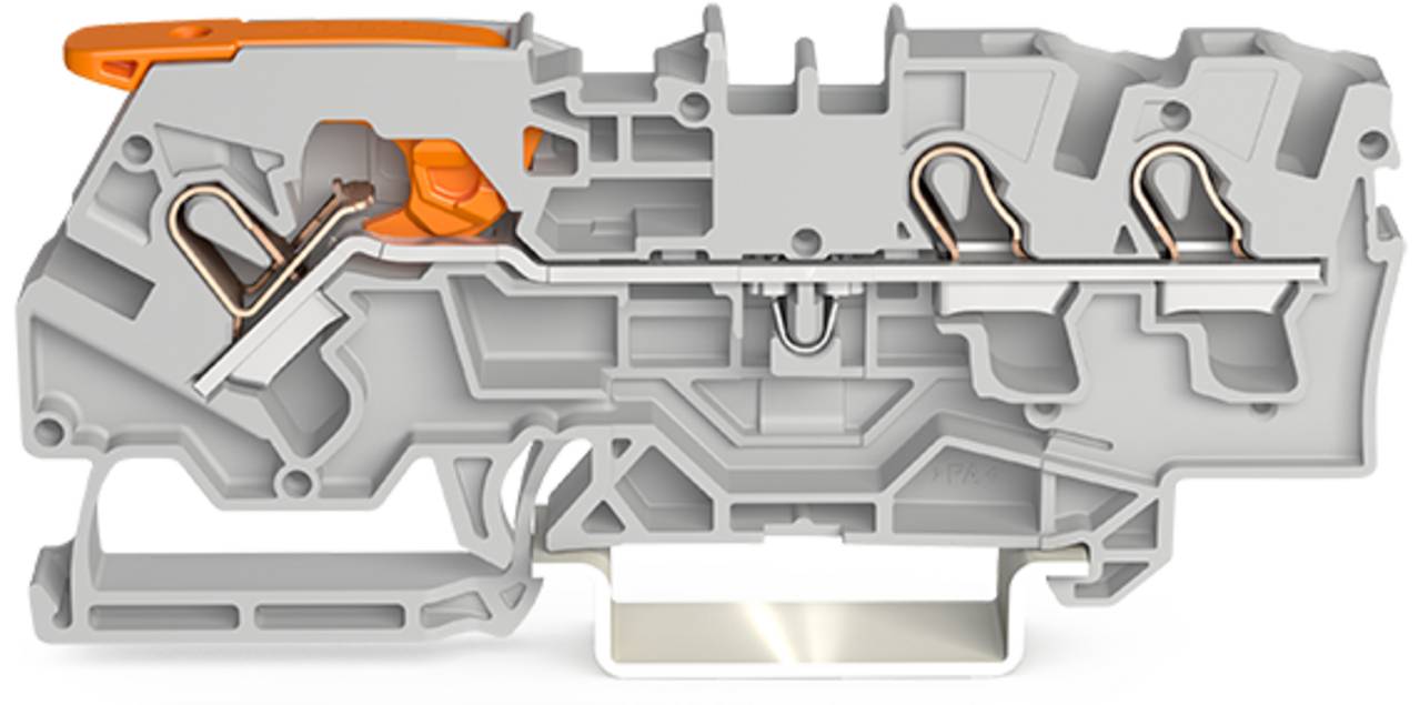 Ein Querschnitt eines grau-orangefarbenen Elektroklemmenblocks, der seine inneren Metallkontakte und Verdrahtungskanäle zeigt, der zum Verbinden von Schaltkreisen verwendet wird.