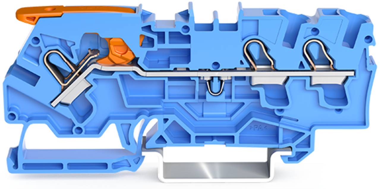 Querschnitt eines blauen und orangefarbenen mechanischen Geräts, das interne Metallkomponenten und eine komplizierte Struktur zeigt, wahrscheinlich ein Automatisierungsteil.
