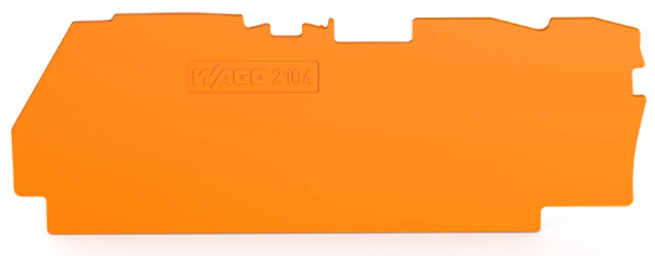 Ein orangefarbener, unregelmäßig geformter Wago-Klemmleistenmarkierer mit geprägtem Text „WAGO 210-4