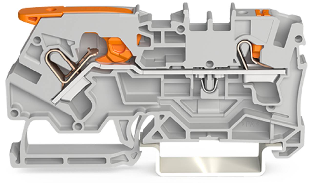 Querschnitt eines grau und orange gefärbten Klemmleistenblocks, der interne Metallverbindungen und Kunststoffgehäusekomponenten zeigt.