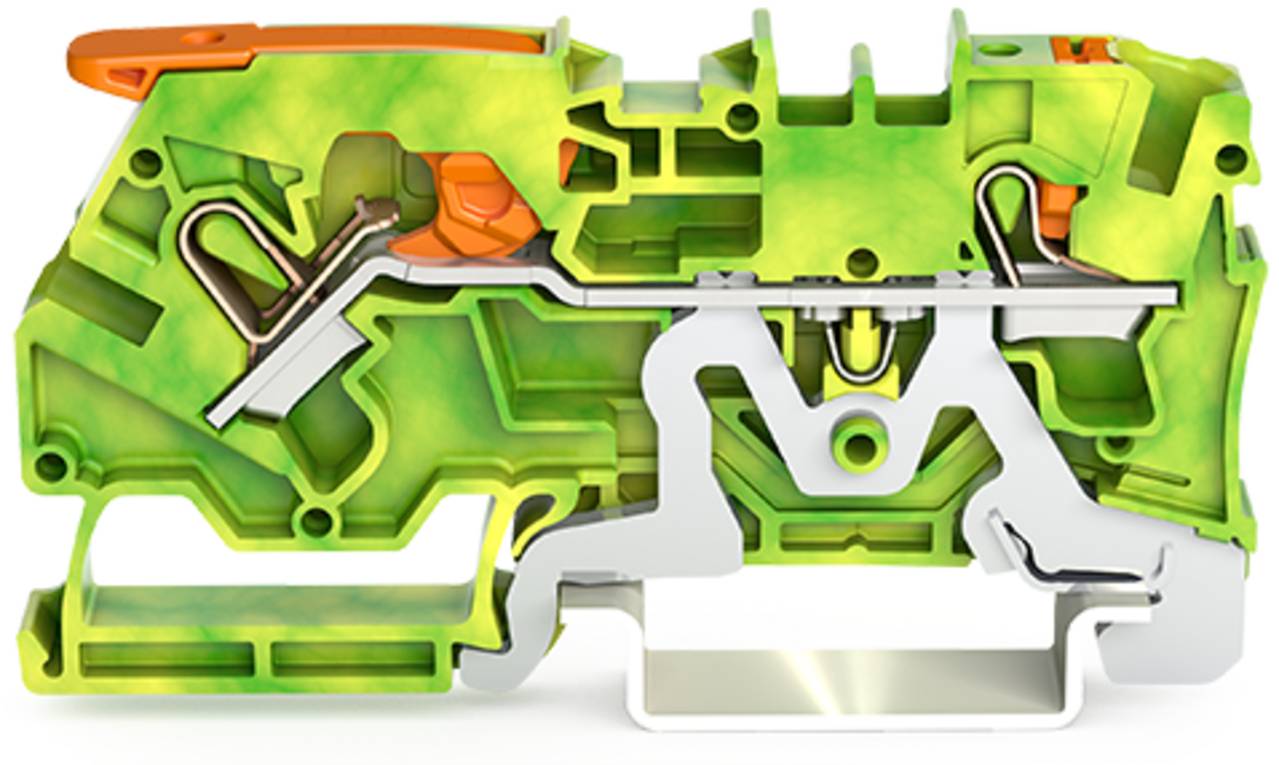 Eine lebendige grün-orange Querschnittsansicht einer Elektroklemme, die interne metallische Komponenten und Isoliermaterial zeigt.