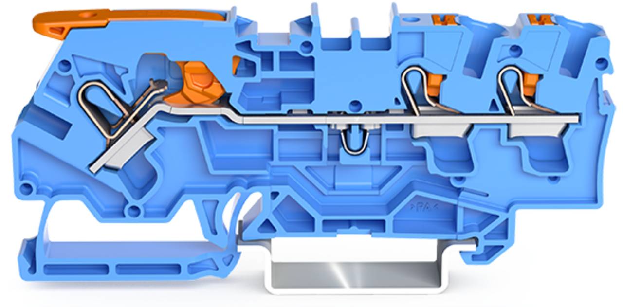 Querschnitt einer mechanischen Komponente mit blauem Außengehäuse und orangefarbenen und silbernen Innenteilen, die die interne Struktur und Strömungswege zeigen.