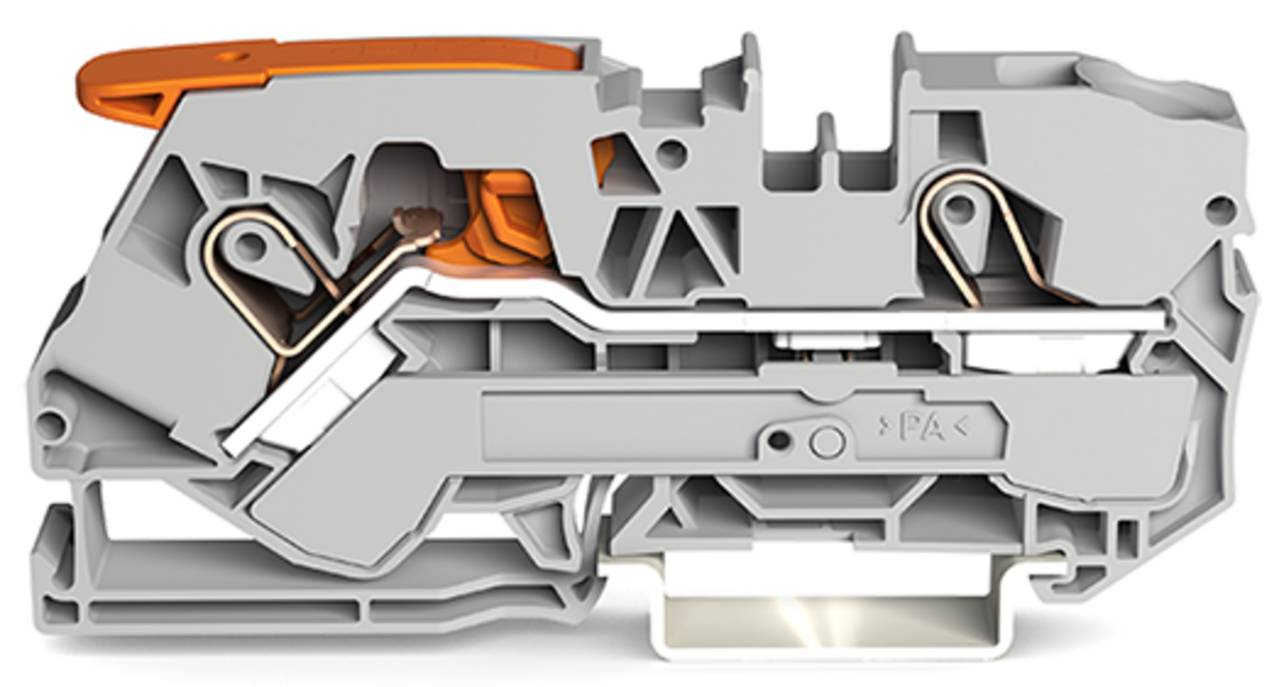 Querschnitt einer grauen mechanischen Komponente mit einem orangefarbenen Hebel und Metallverbindern, die die innere Struktur und Funktion zeigen.