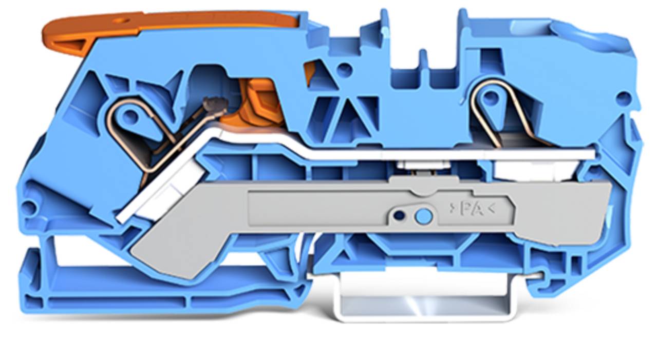 Querschnitt einer blau und orange gefärbten mechanischen Komponente mit sichtbaren internen Strukturen, Zahnrädern und Hebeln, die in elektrischen Verbindungen verwendet wird.