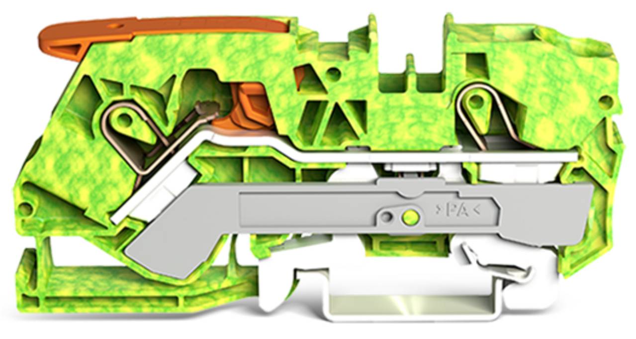 Querschnitt einer komplexen grün-orangefarbenen mechanischen Komponente mit internen Hebeln, Federn und Verbindungspunkten.