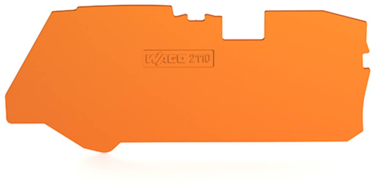 Eine orangefarbene Wago 2110-Komponente mit einer einzigartigen Silhouette, die Vertiefungen und ein gestempeltes Logo auf ihrer Oberfläche aufweist, vor weißem Hintergrund.