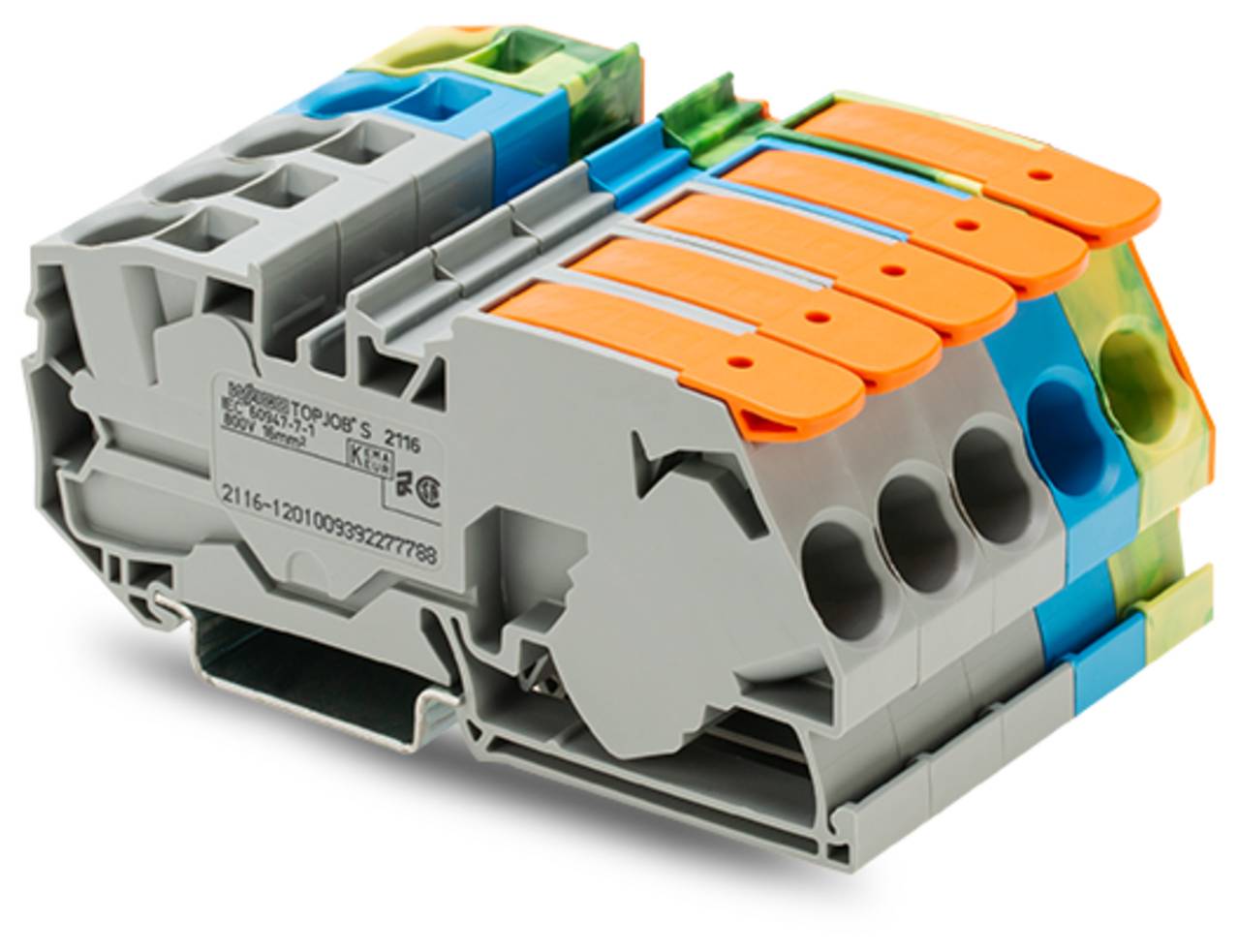 Ein grauer elektrischer Klemmleistenblock mit orangen Hebeln und Anschlussanschlüssen, der für modulare Verdrahtungssysteme verwendet wird.