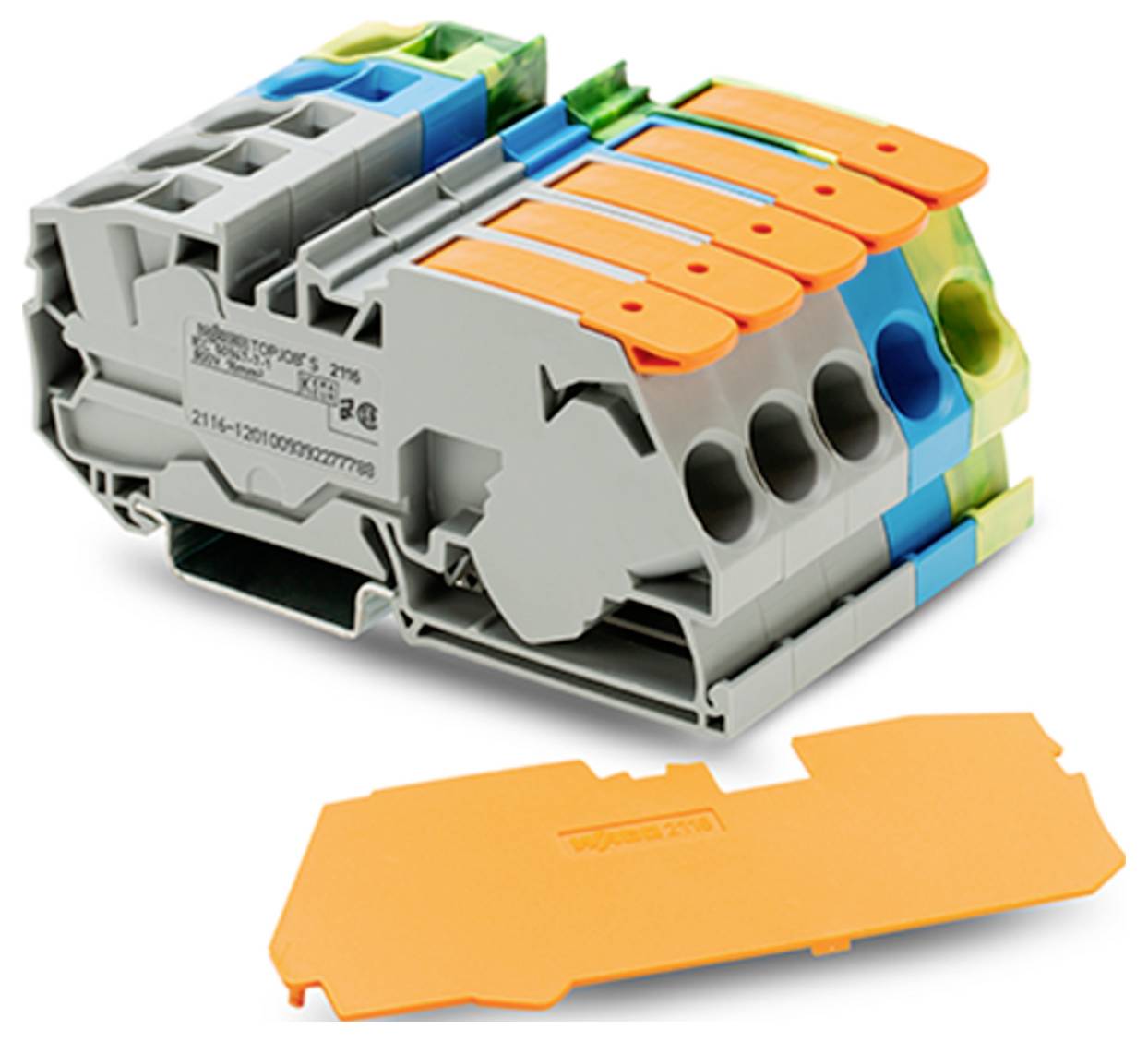 Eine grau und orange modulare Elektrokomponente mit Hebeln und Anschlüssen, dargestellt in zerlegt Zustand. Geeignet für Verkabelung und Schaltungsverwaltung.