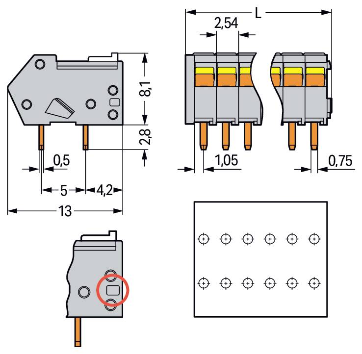 Schematische Darstellung eines mechanischen Steckers mit Abmessungen: 13 mm Breite, 2,8 mm Stiftabstand, 2,54 mm zwischen den Verbindungen und gekennzeichneten Kontaktpunkten.