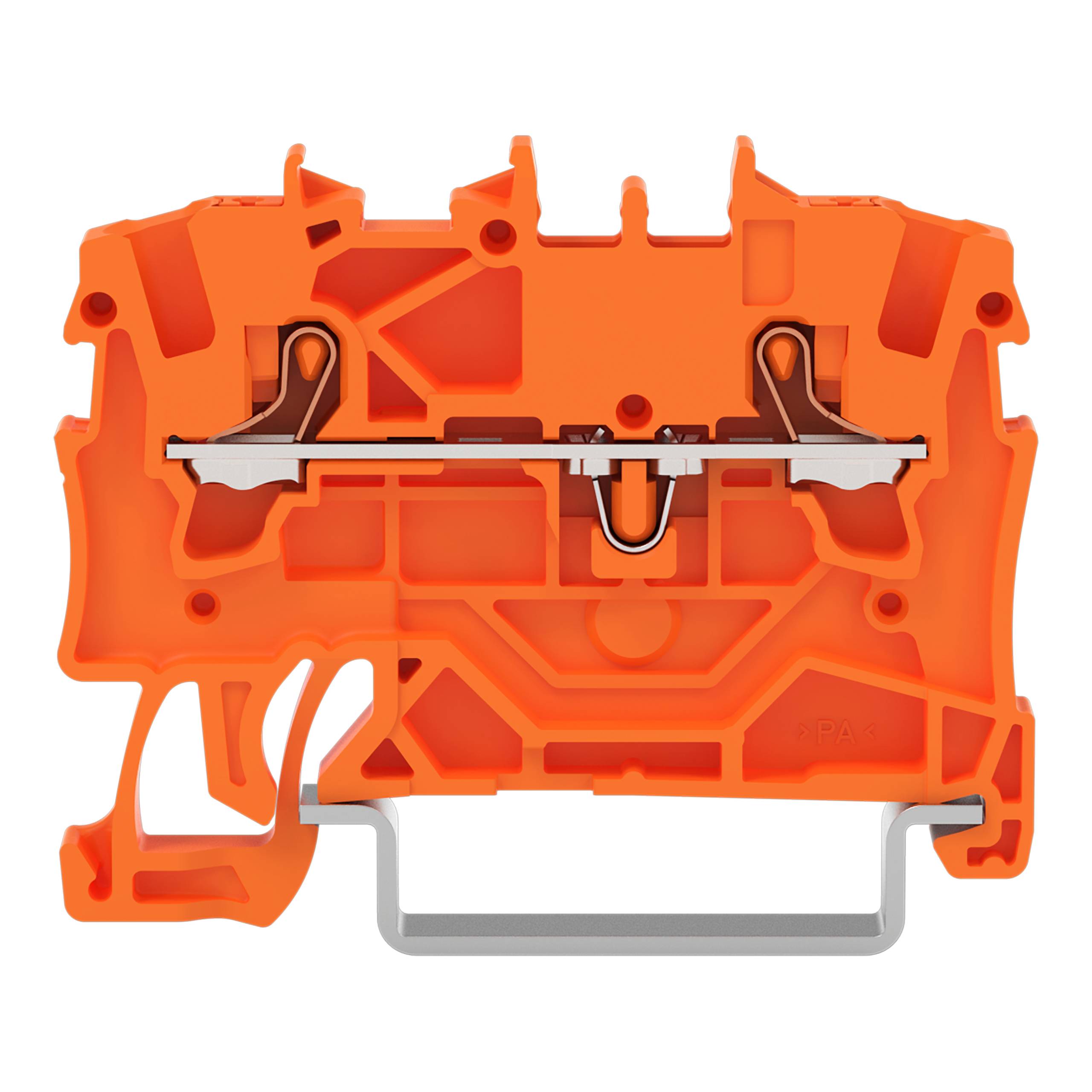 Ein orangefarbener Kunststoff-Klemmblock mit Metallkontakten, der für sichere Elektrodrahtverbindungen in industriellen oder privaten Umgebungen verwendet wird.