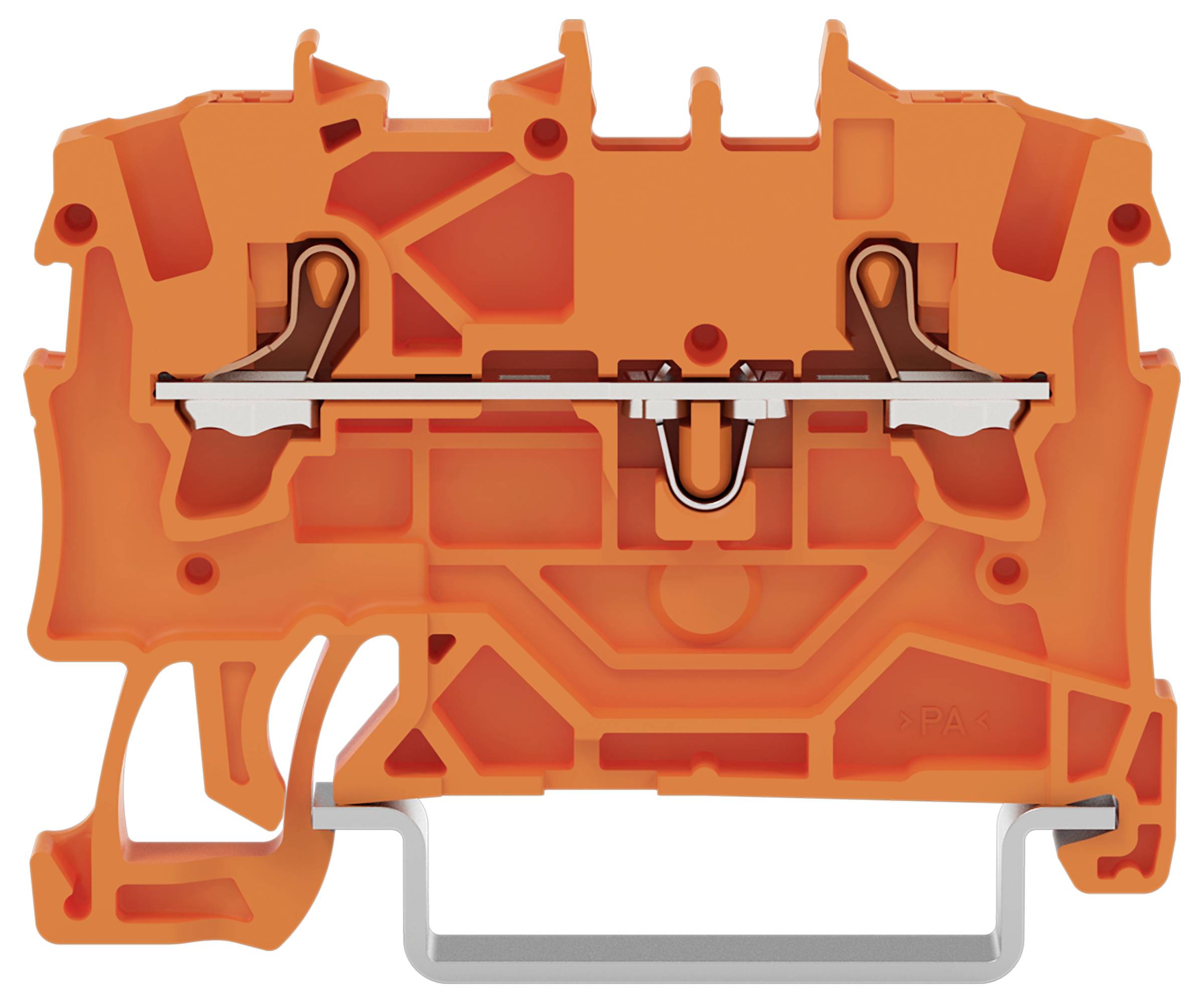 Ein Elektroklemmenblock mit orangefarbigen Kunststoffwänden, Metallverbindern und einer Schienenbefestigungsvorrichtung, von der Seite betrachtet.