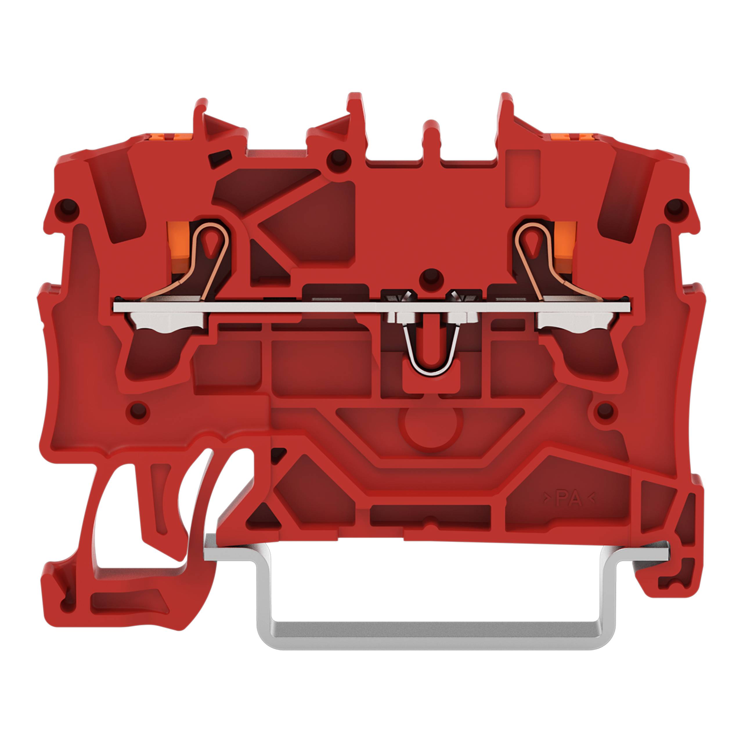 Ein roter Elektro-Klemmblock mit sichtbaren Metallkontakten und einem orangefarbenen Verriegelungsmechanismus, der zur sicheren Verbindung von Stromkreisen verwendet wird.