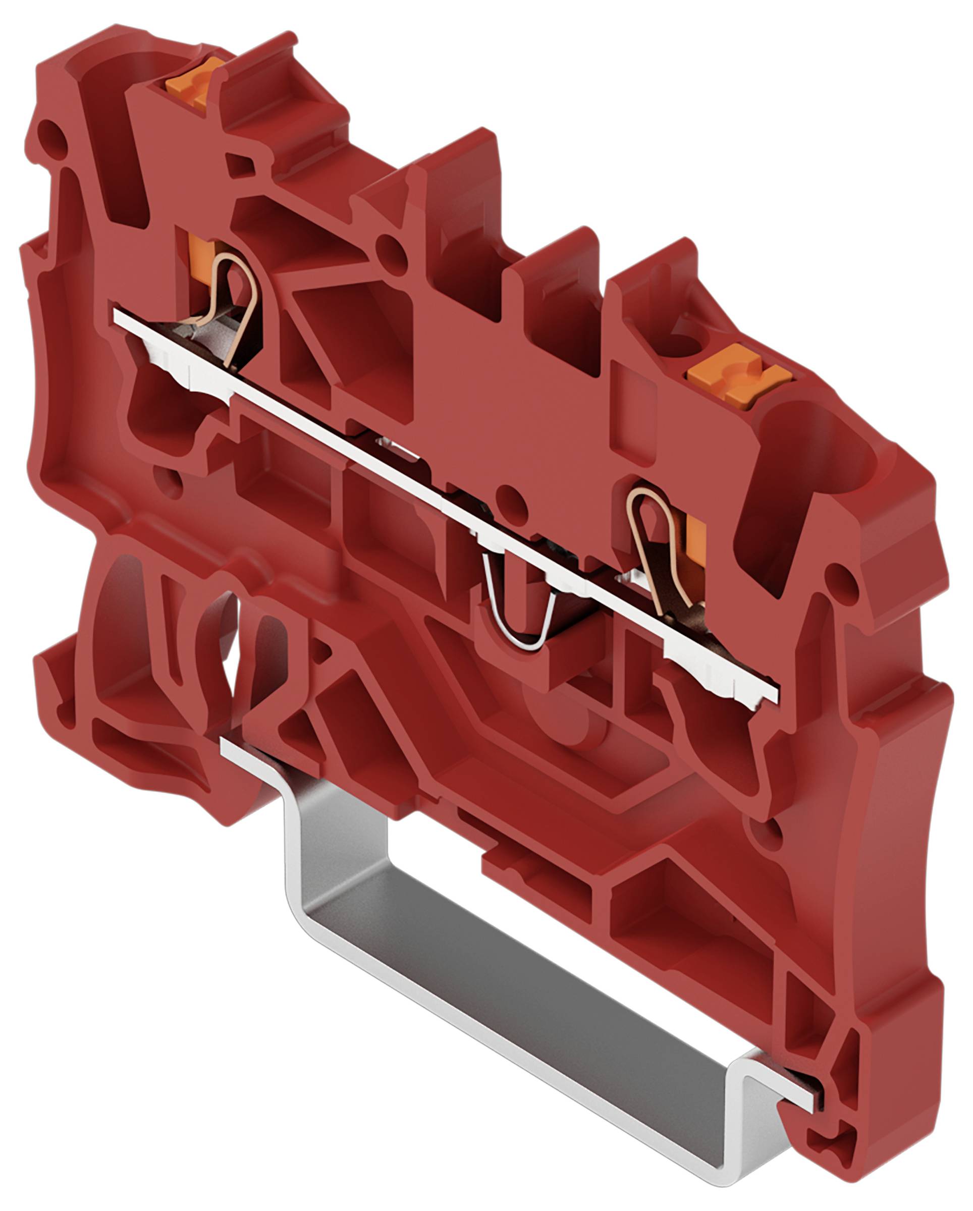 Ein rotes Drahtanschlussklemmen-Element mit einem metallischen Leiter für elektrische Verbindungen, das die interne Struktur und Kontaktpunkte zeigt.
