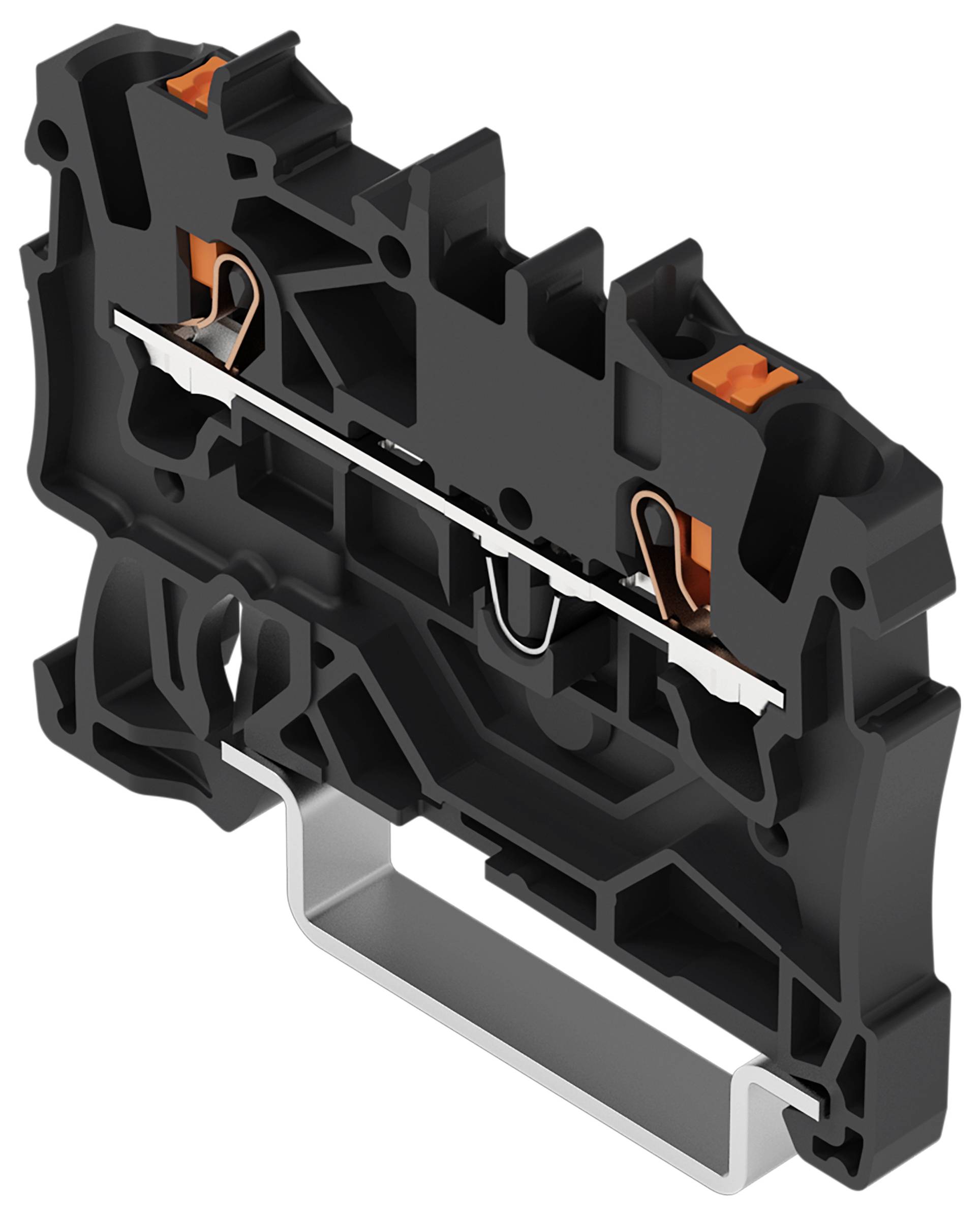 Ein schwarzes und oranges Elektroanschlussblock mit einem Metallverbinder, entwickelt für sichere Drahtverbindungen in einer industriellen Umgebung.