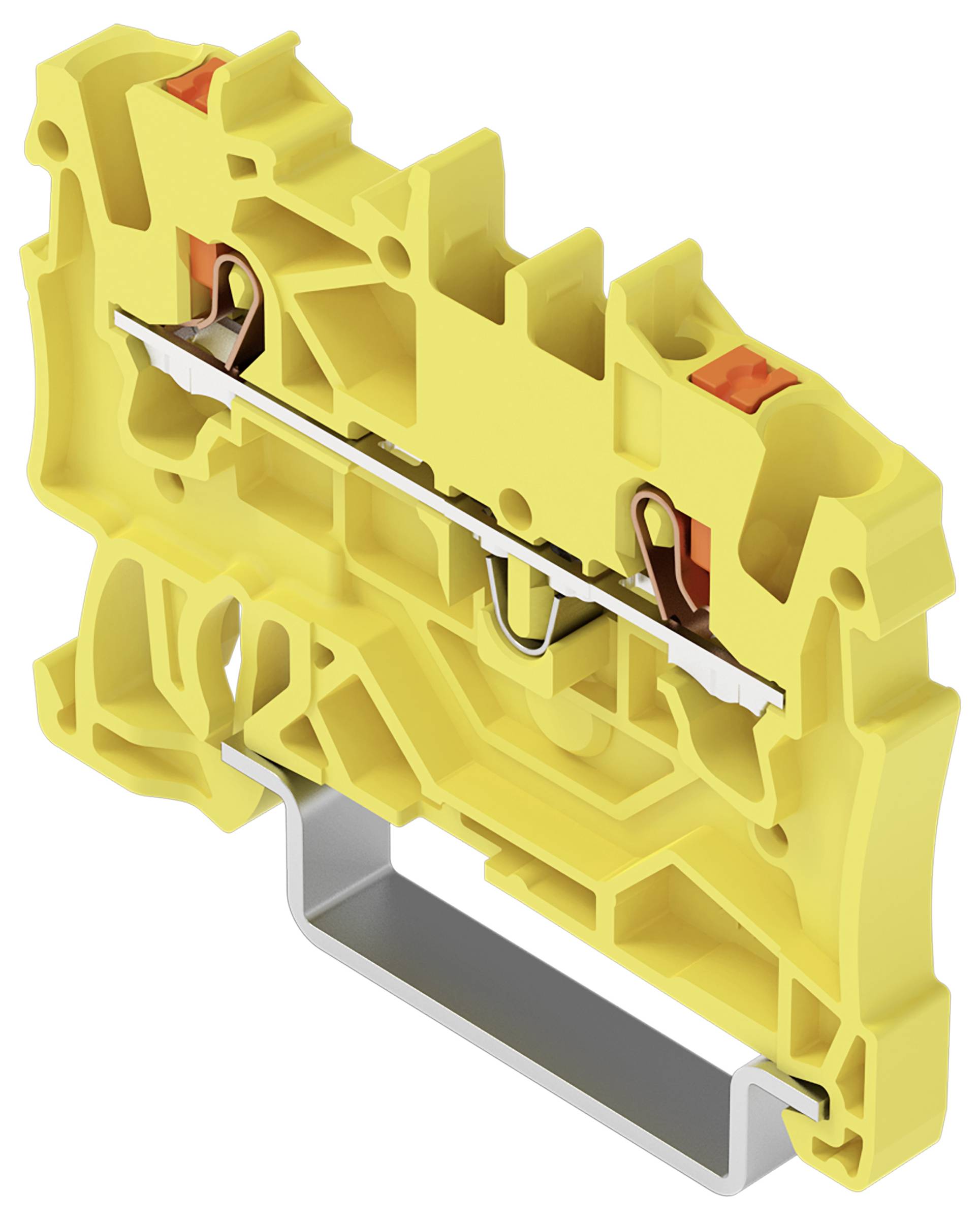Gelber Klemmblock mit sichtbarem Metallstecker und orangefarbenen Entriegelungshebeln.