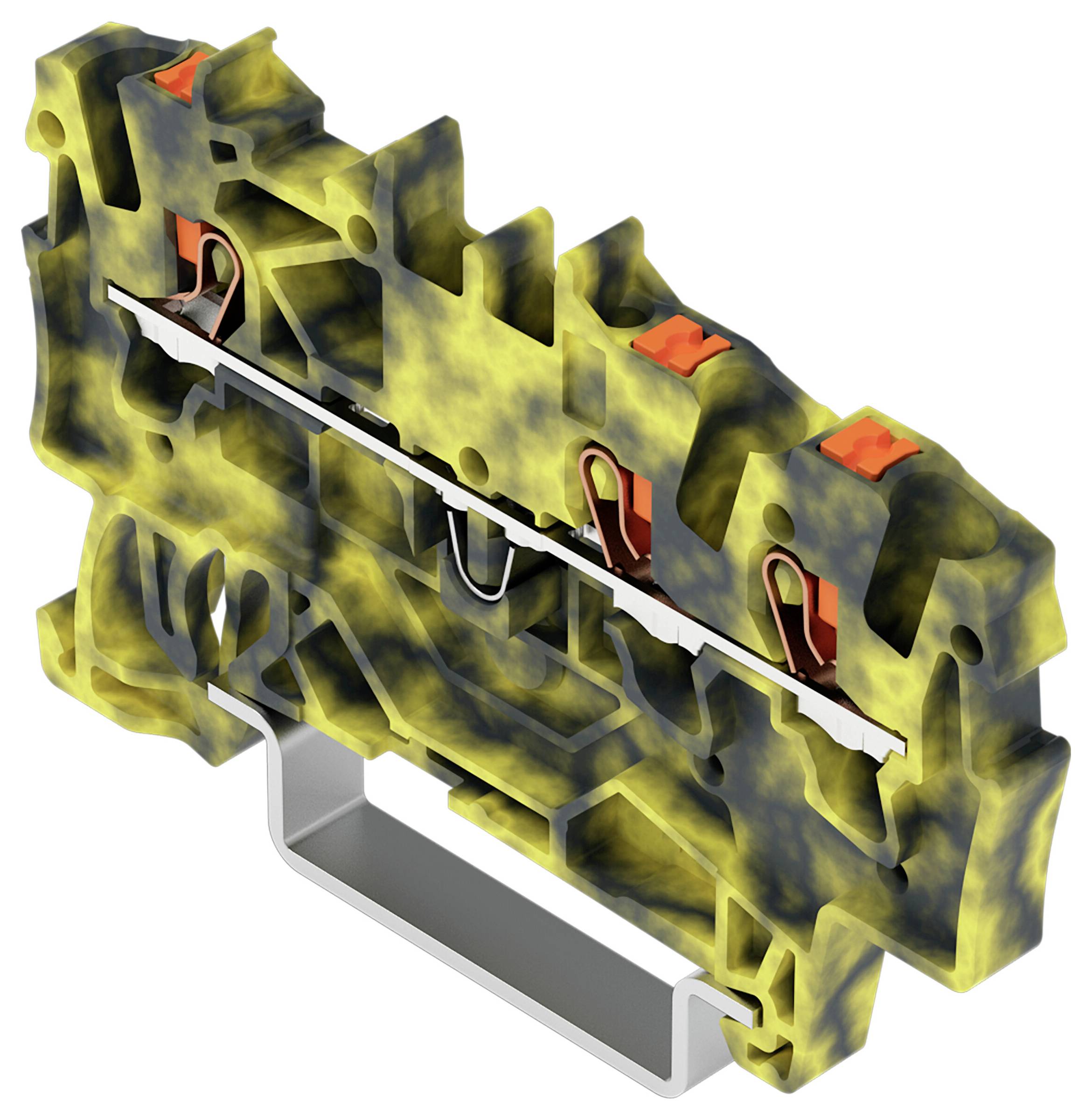 Ein Querschnitt eines gelb-schwarzen Elektroklemmenblocks mit sichtbaren Metallverbindern und einer Befestigungsklammer am unteren Ende.