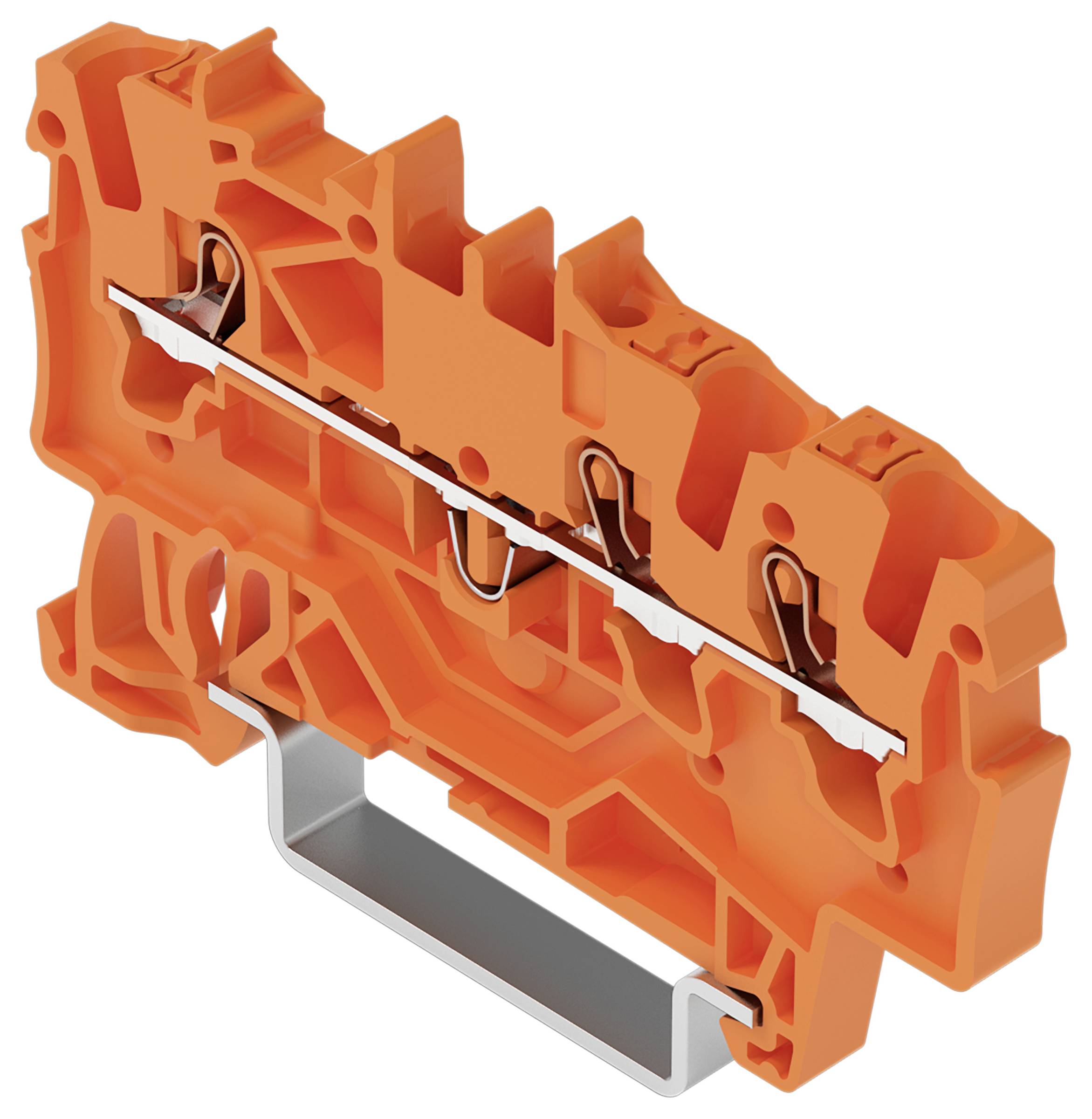 Ein orangefarbener Klemmblock mit einem Metallverbindungsstreifen, entwickelt für elektrische Verkabelung und Schaltungsverbindung, gezeigt in einer Seitenansicht.