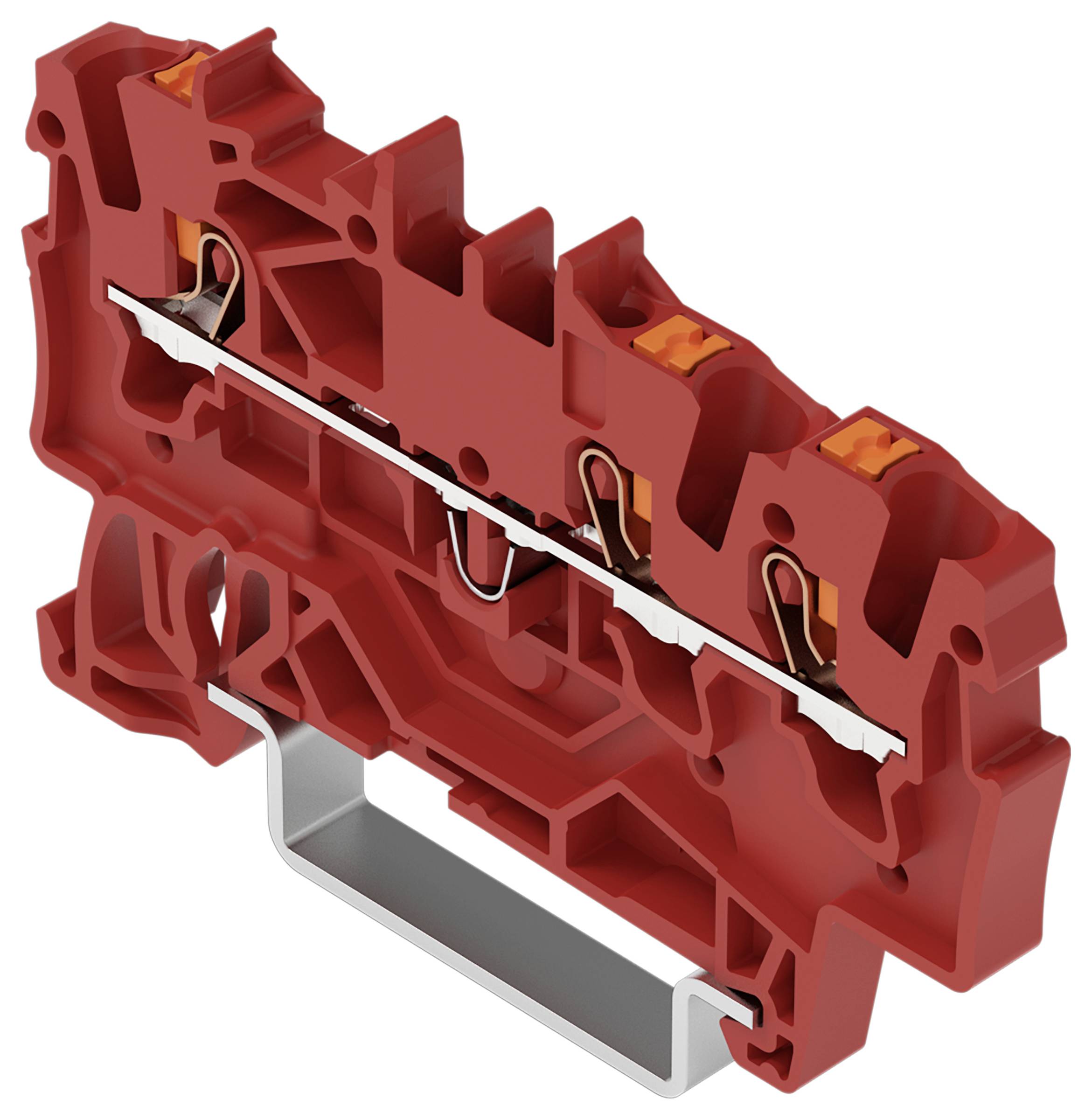 Ein rotes Klemmenblock mit mehreren Anschllusspunkten, das interne Metallleiter und eine Klammer zum Sichern von Drähten zeigt.