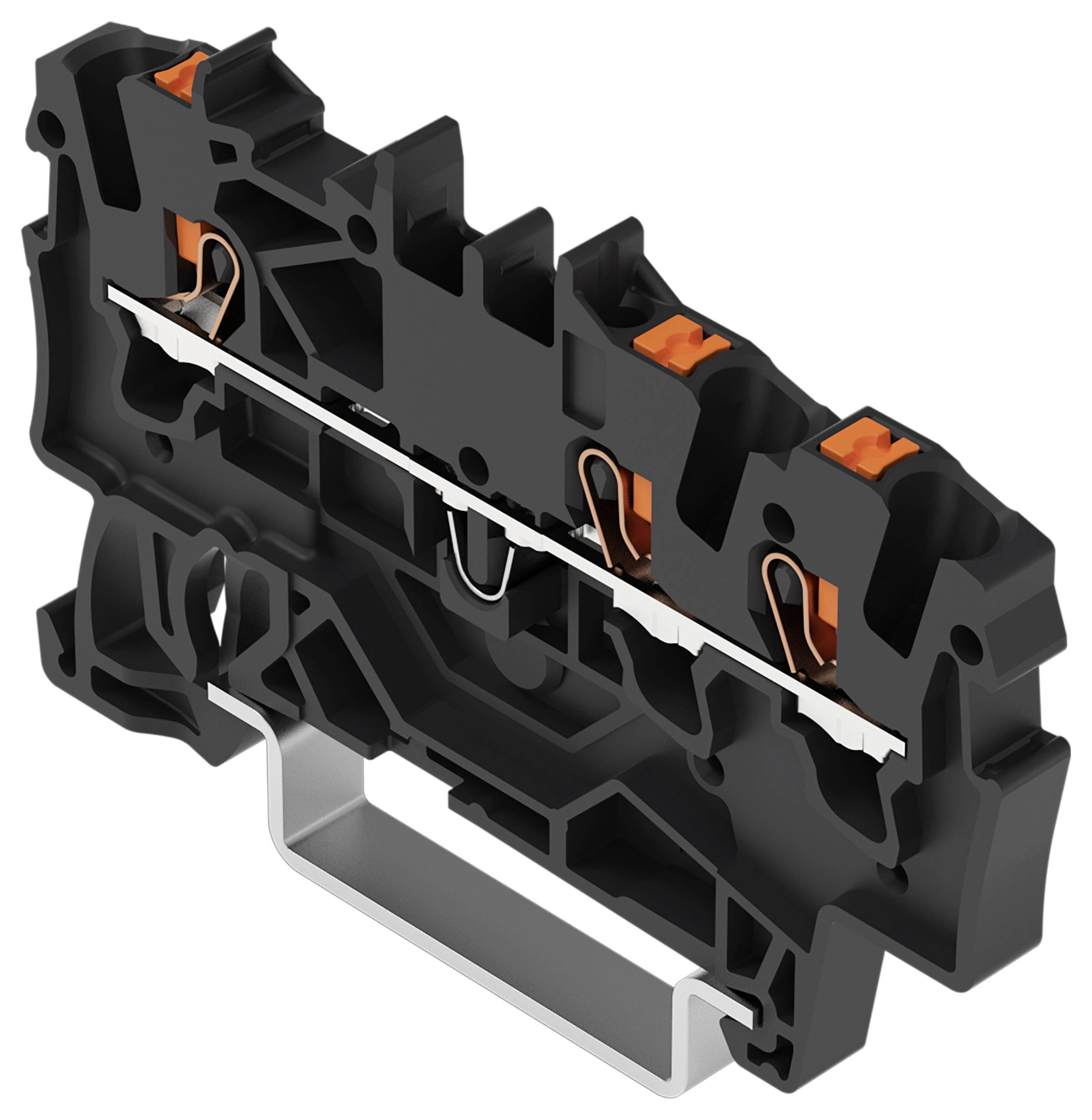 Ein schwarzes und orangefarbenes elektrisches Anschlussklemmenblock mit mehreren Anschlußpunkten und einer metallischen Hebelbasis, die für Verdrahtungsverbindungen verwendet wird.