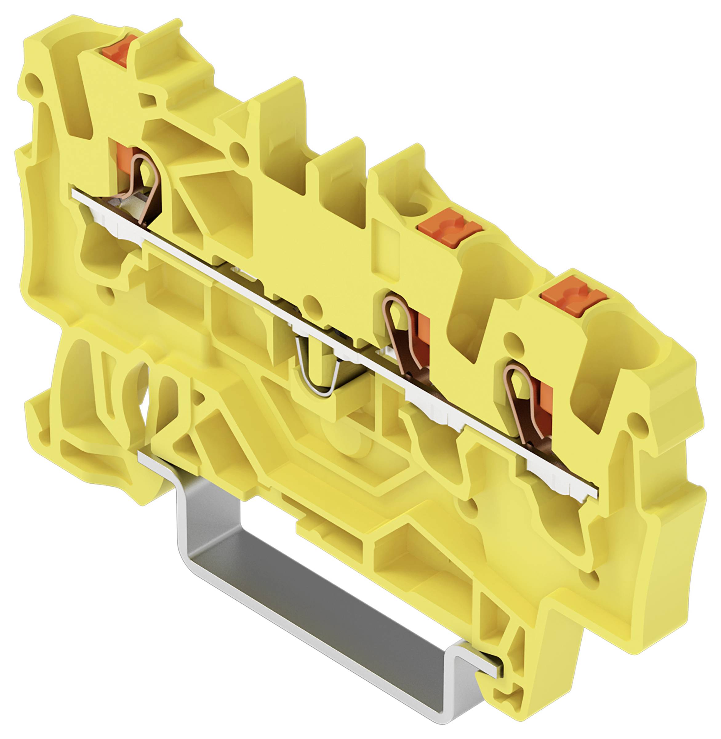 Ein gelbes elektrisches Klemmleistenblock, das ein modulares Design mit mehreren Anschlußpunkten und einer Metallschiene zur Montage zeigt.