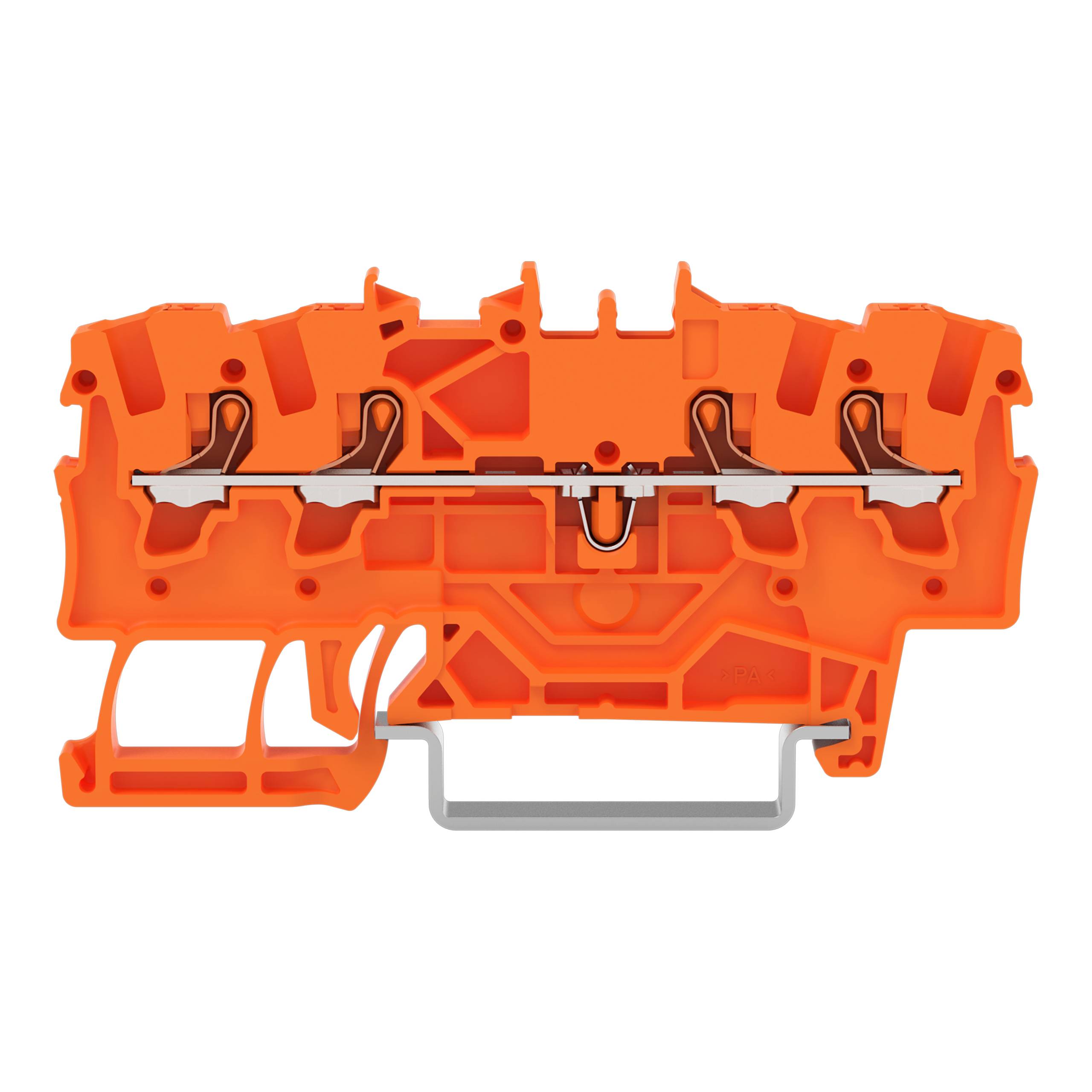 Eine Nahaufnahme eines orangefarbenen elektrischen Klemmblocks, die die internen Metallverbinder und die Montagekonfiguration zeigt.