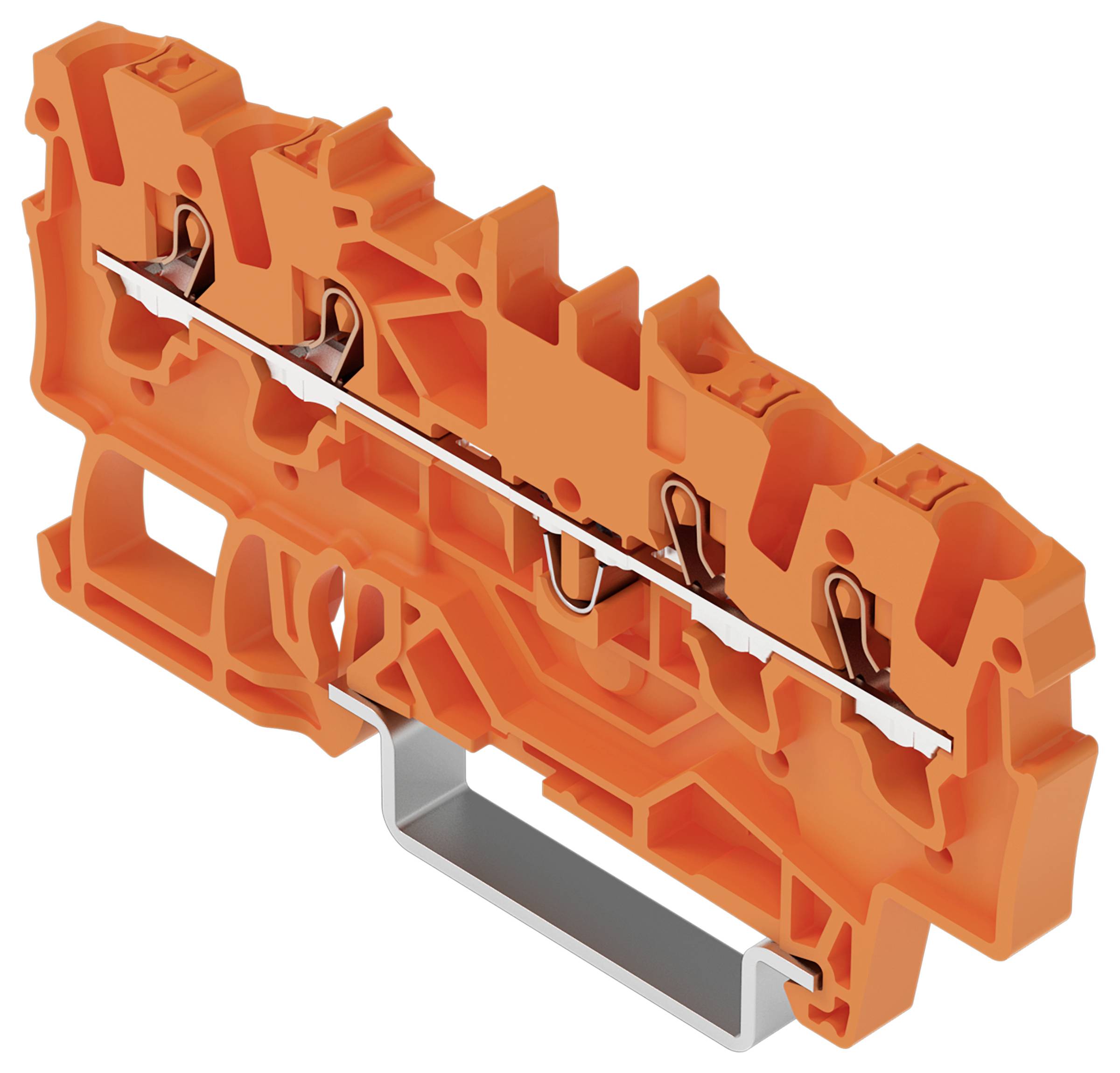 Ein oranges Elektroklemmenblock mit mehreren Anschlußpunkten und einem metallischen Leiter wird gezeigt, der häufig zum Sichern von Elektroleitungen verwendet wird.