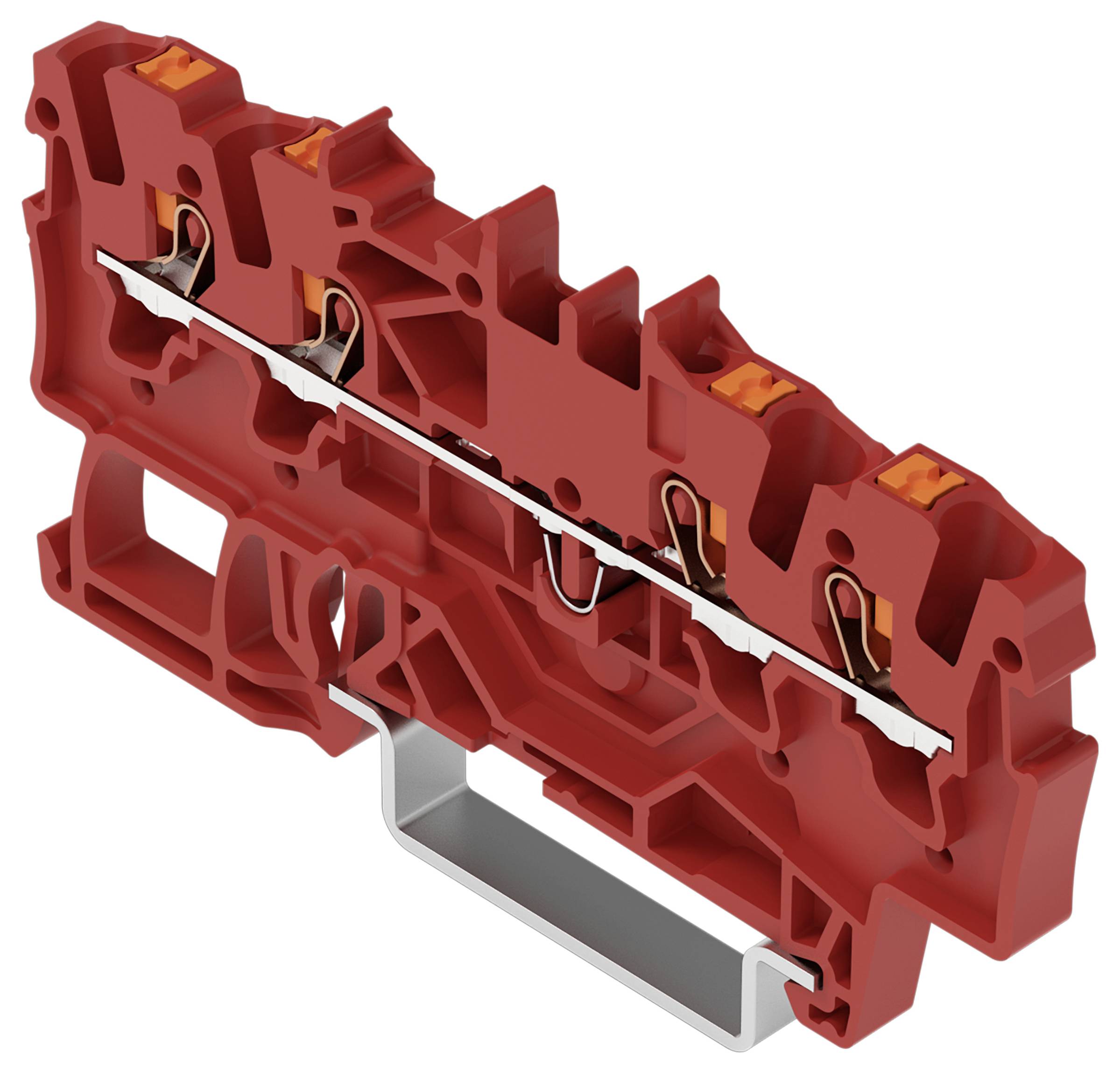 Ein rotes elektrisches Anschlussblock mit mehreren Anschlüssen und metallischen leitfähigen Streifen, der zum Befestigen und Verbinden von Drähten verwendet wird.