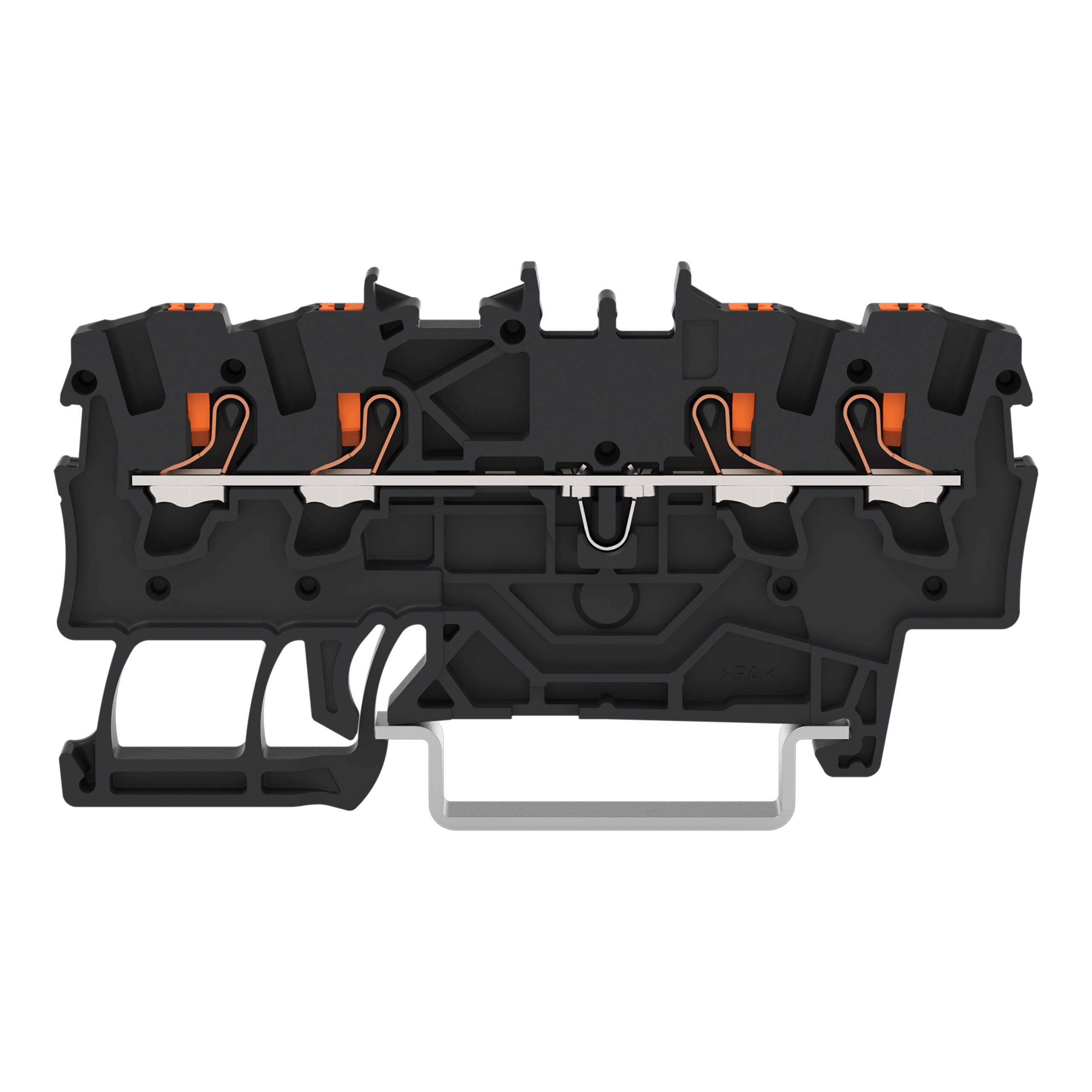 Ein Querschnitt eines schwarz-orangefarbenen Electrical-Terminal-Blocks, der interne Verbindungen und Komponenten zeigt, die zur Verkabelung von Schaltkreisen verwendet werden.