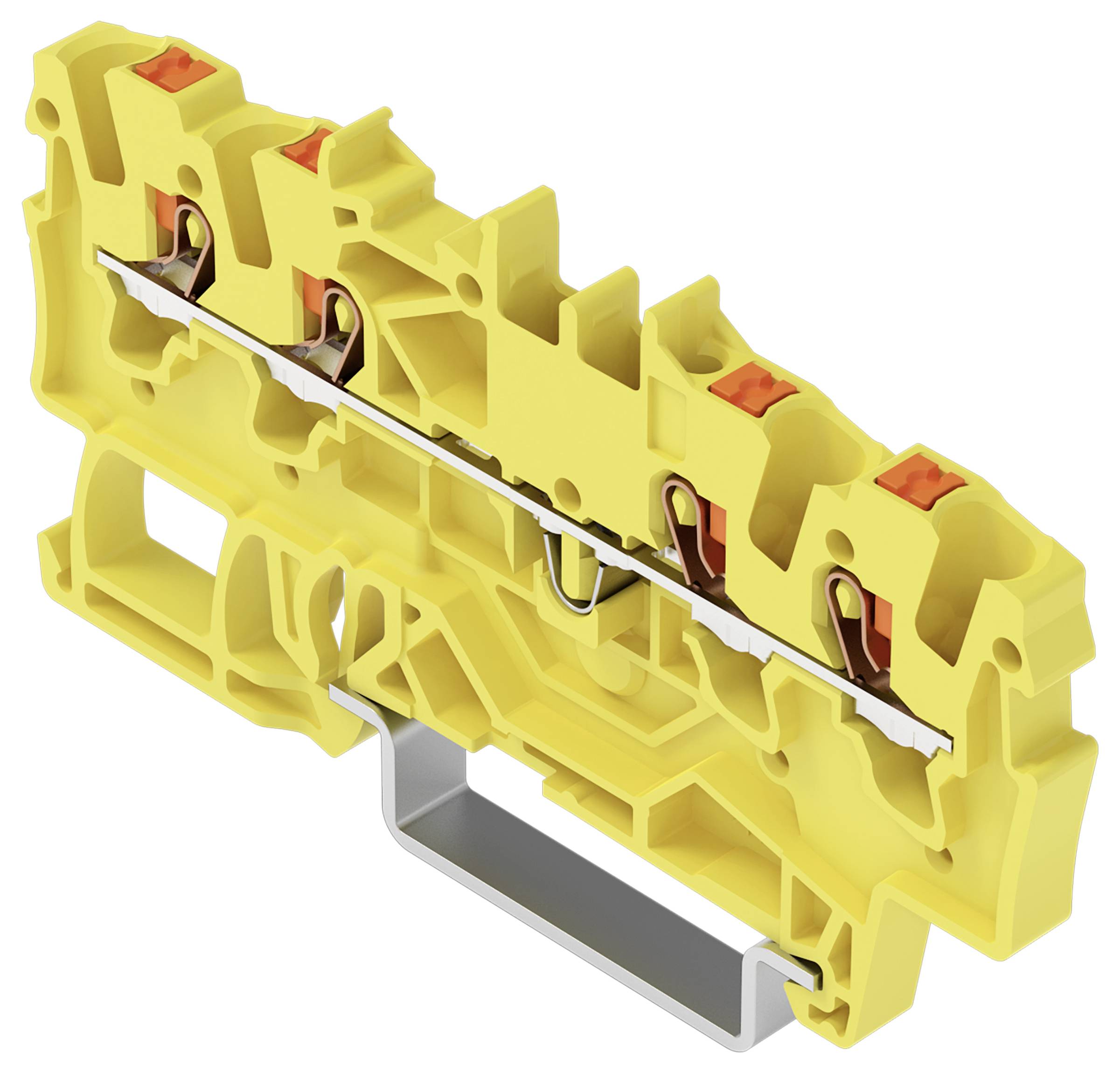 Ein gelber elektrischer Klemmblock mit drei Anschllusspunkten und internen leitfähigen Verbindungswegen, der zum Befestigen und Organisieren von Drähten verwendet wird.