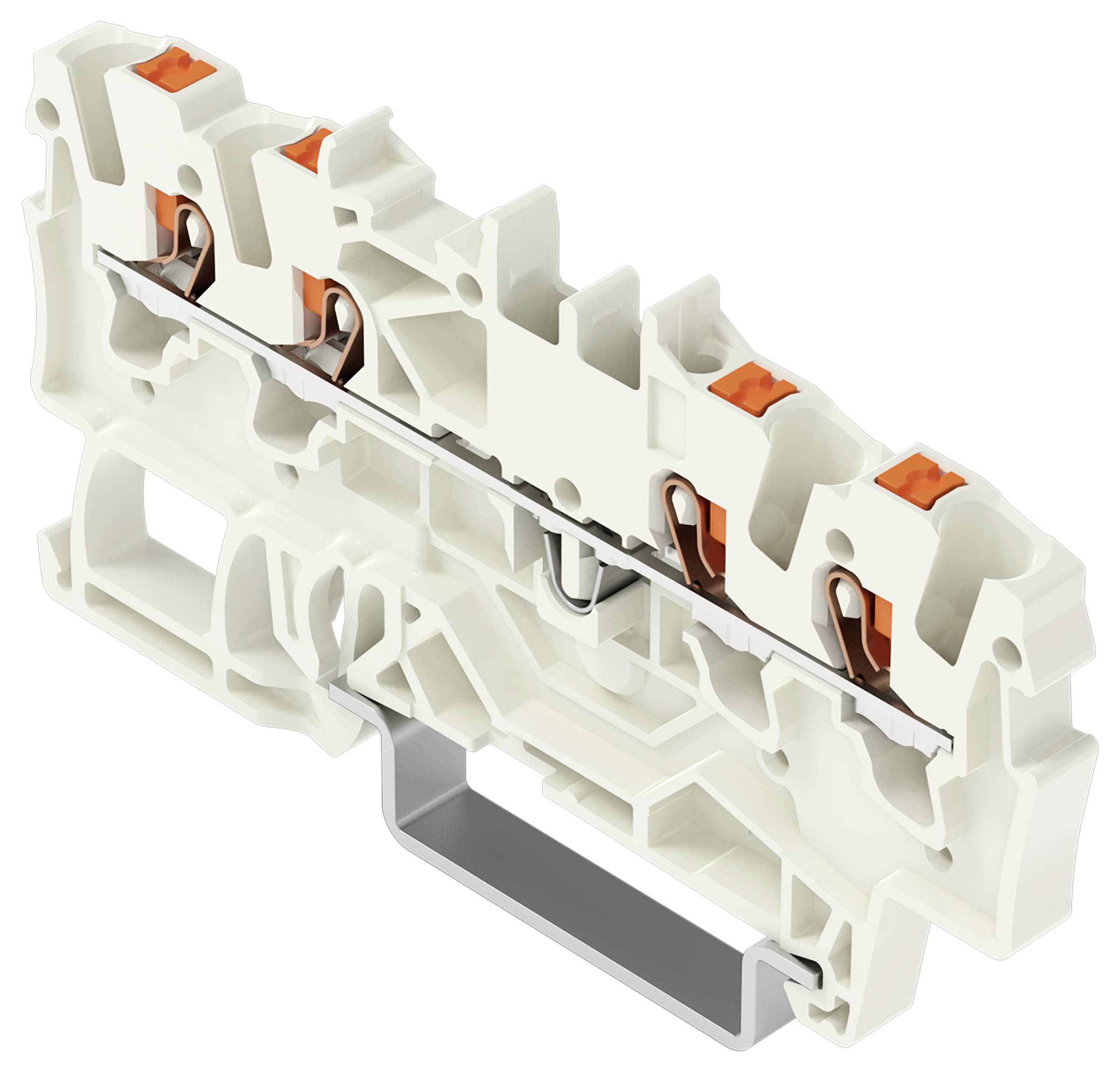 Ein weißer Kunststoff-Modular-Klemmblock mit drei Anschlüssen und orangefarbenen Hebeln, der zum Sichern von elektrischen Drähten verwendet wird.