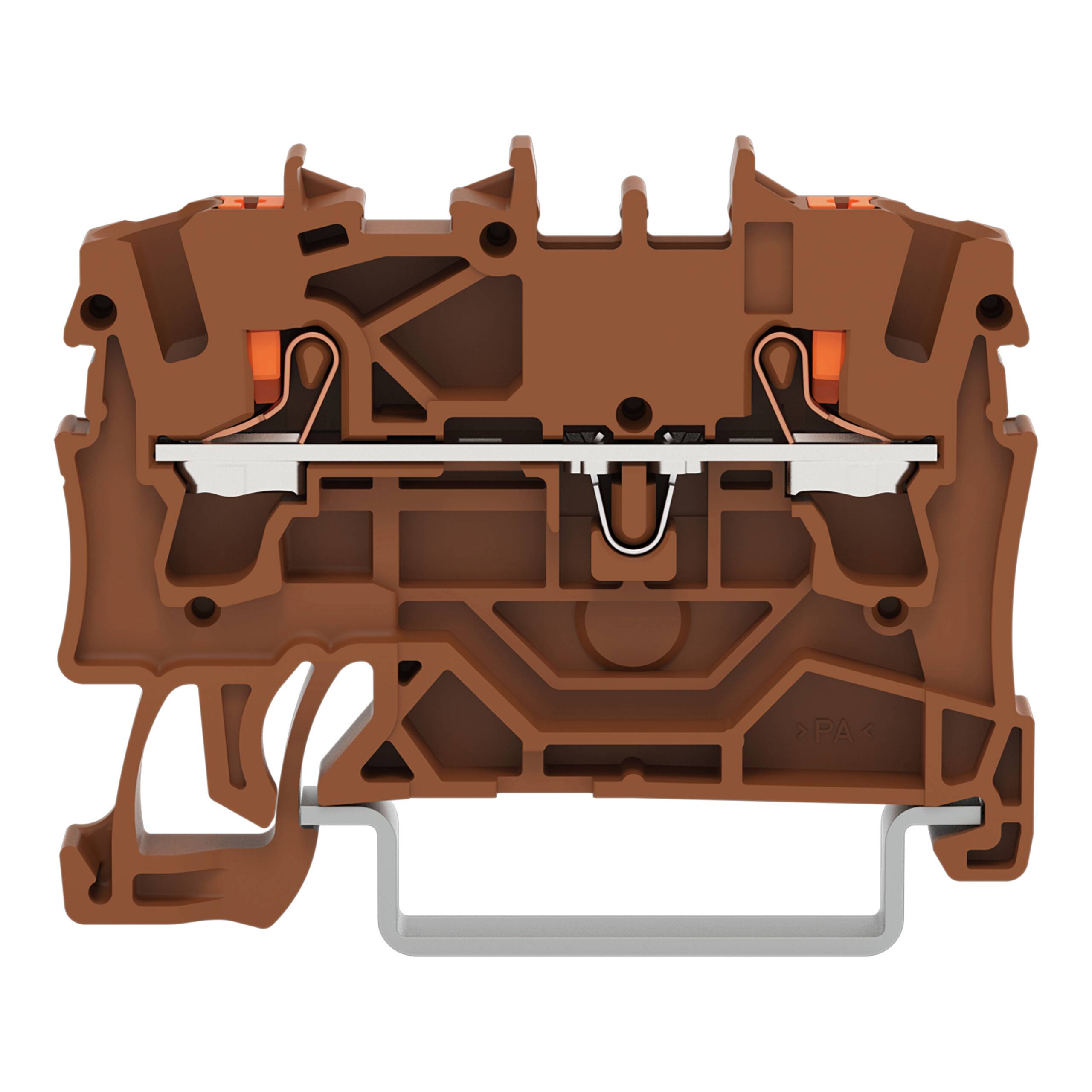 Eine braune elektrische Komponente mit internen Metallverbindern und einem Hakenmechanismus, die für sichere Befestigung in elektrischen Installationen konzipiert ist.