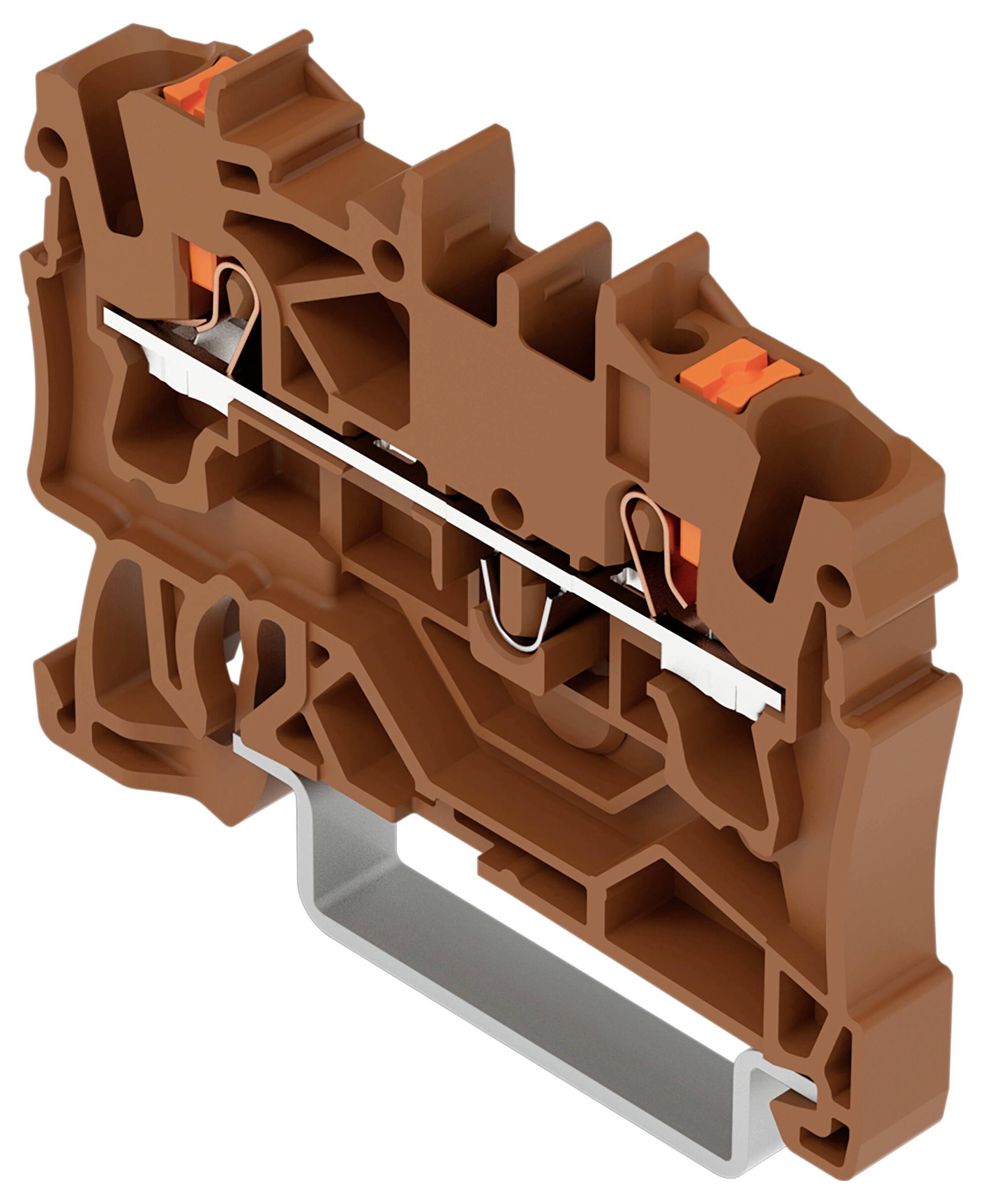 Ein braunes modulares Klemmleistenblock mit internen Metalleitern, konzipiert für elektrische Verbindungen in Schaltungsinstallationen.