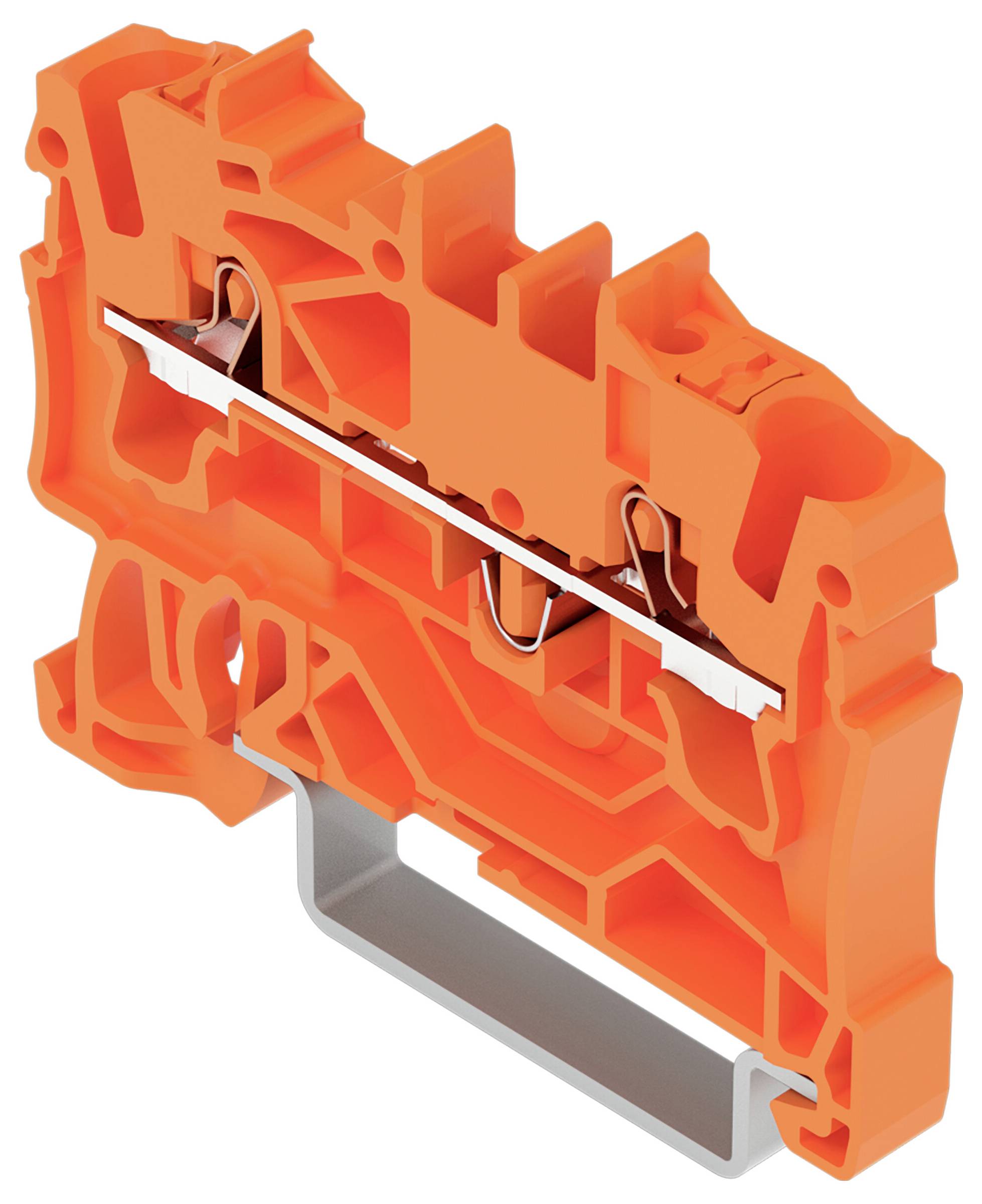 Ein orangefarbener Kunststoff-DIN-Schienenklemmenblock mit Metallkomponenten, der für Verdrahtungsverbindungen in Elektrosystemen verwendet wird.