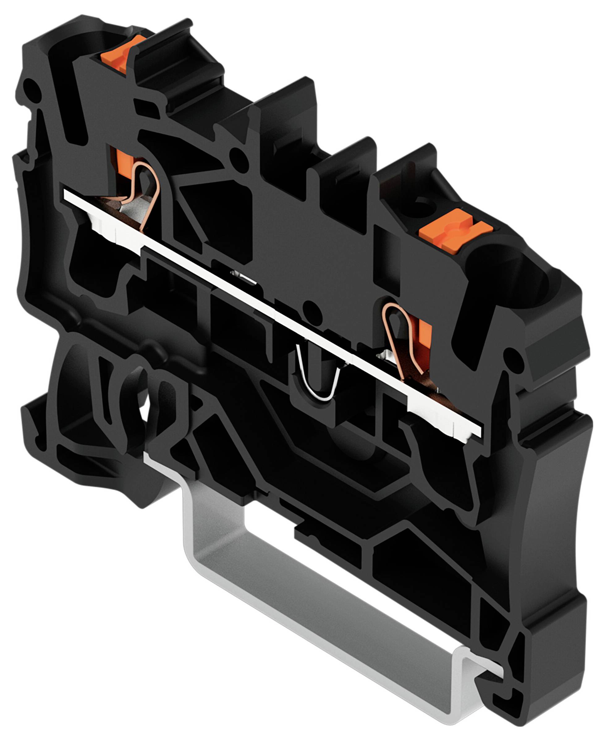 Illustration eines schwarzen modularen Klemmblocks mit einem internen Metallkontakt, die sein ausgefeiltes industrielles Design hervorhebt.