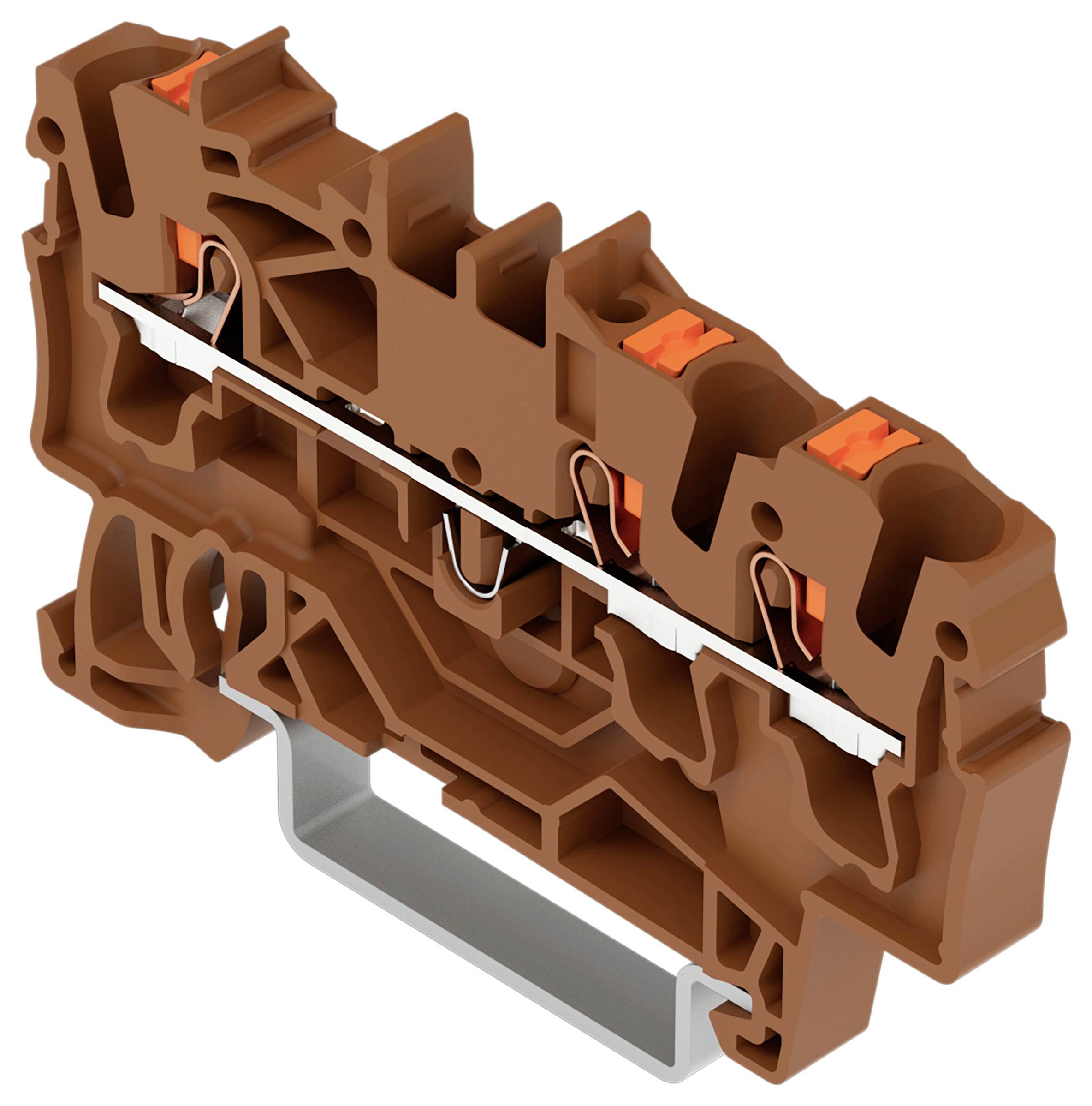 Braunes Elektroanschlussblock mit Metallverbinder, orangefarbigen Klammern und grauer Montageklammer.