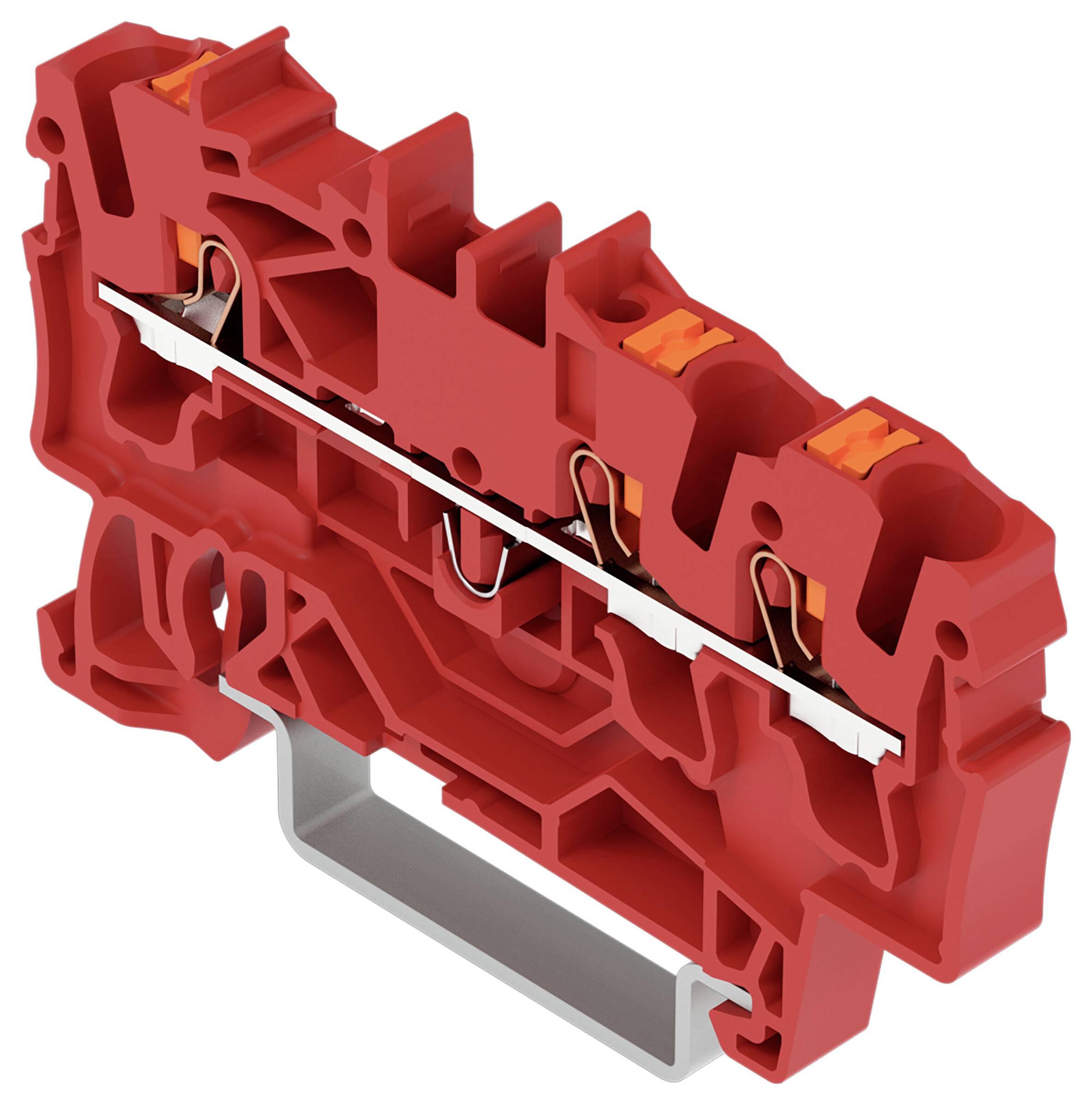 Ein rotes modulares elektrisches Klemmleistenblock mit Metalleitern und orangefarbenen Anschlüssen, das zum Verbinden von Kabeln in Elektrosystemen verwendet wird.