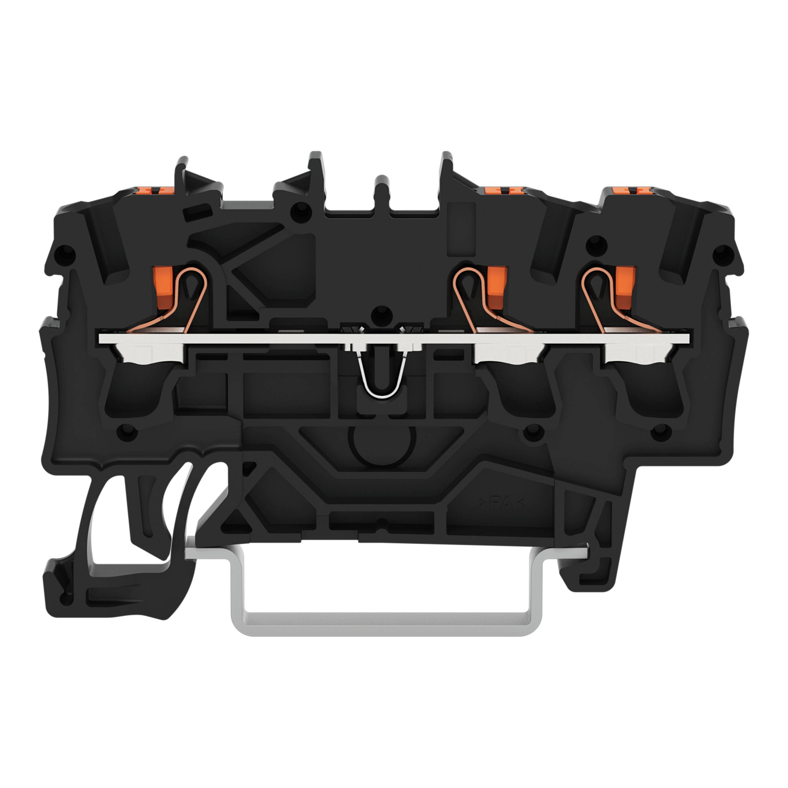 Zweistufiger elektrischer Klemmblock, schwarz und orange, zeigt interne Leiterverbindungen und Kompatibilität mit Montageschiene.