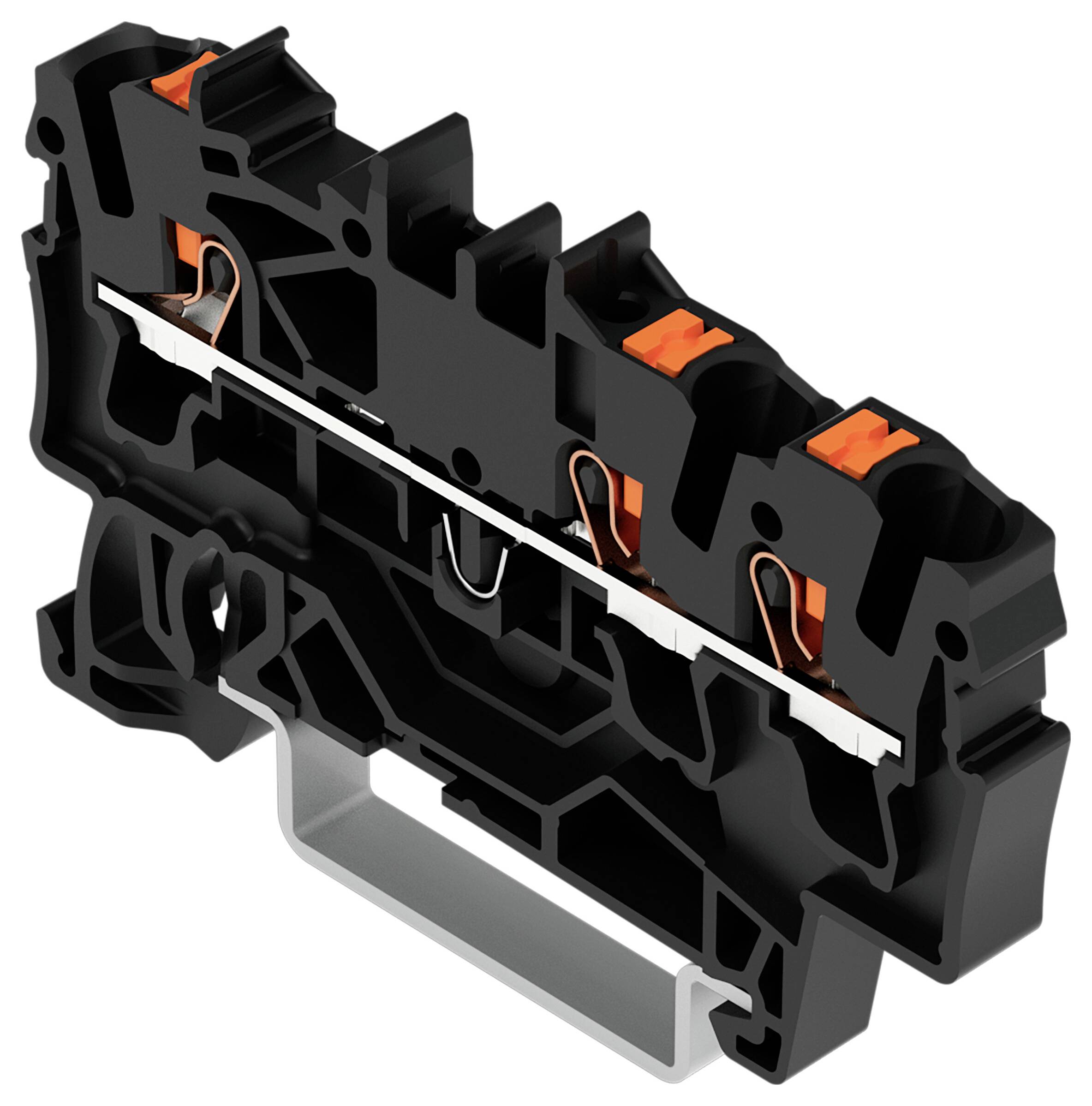 Schwarzer und orangefarbener Klemmblock, Seitenansicht. Kompaktes Design mit einem Metallstreifen, der zwei Kontaktpunkte verbindet, wird für elektrische Verbindungen verwendet.