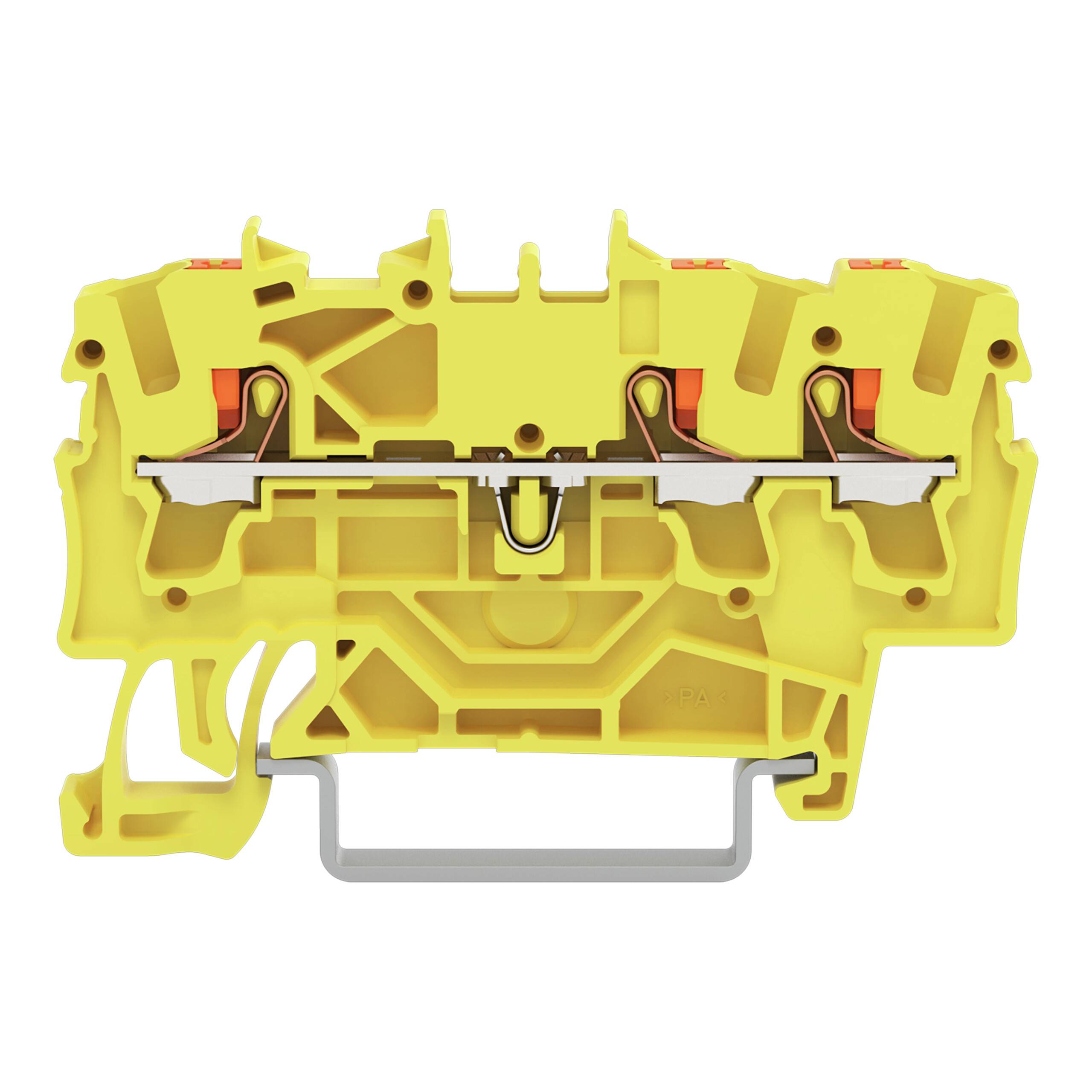 Ein gelbes zweistöckiges Klemmleistenblock mit kompaktem Design, ausgestattet mit Metallleiter und Verbindungspunkten, verwendet in Stromkreissystemen.