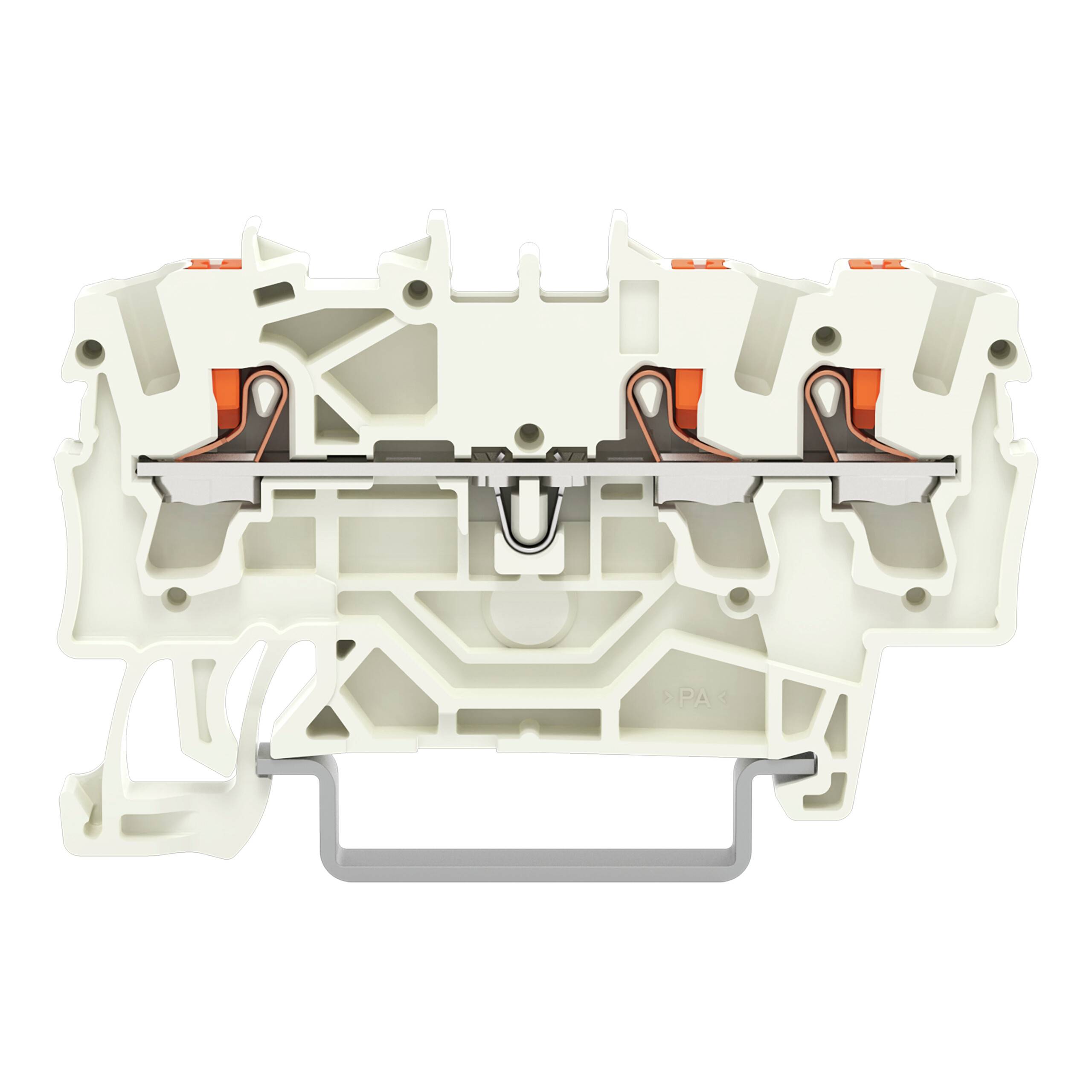 Ein weißes Kunststoff-Klemmleisten-Element mit Metallkontakten und orangen Hebeln, das zum Sichern von elektrischen Leitungen in einer Elektroschalttafel-Installation verwendet wird.