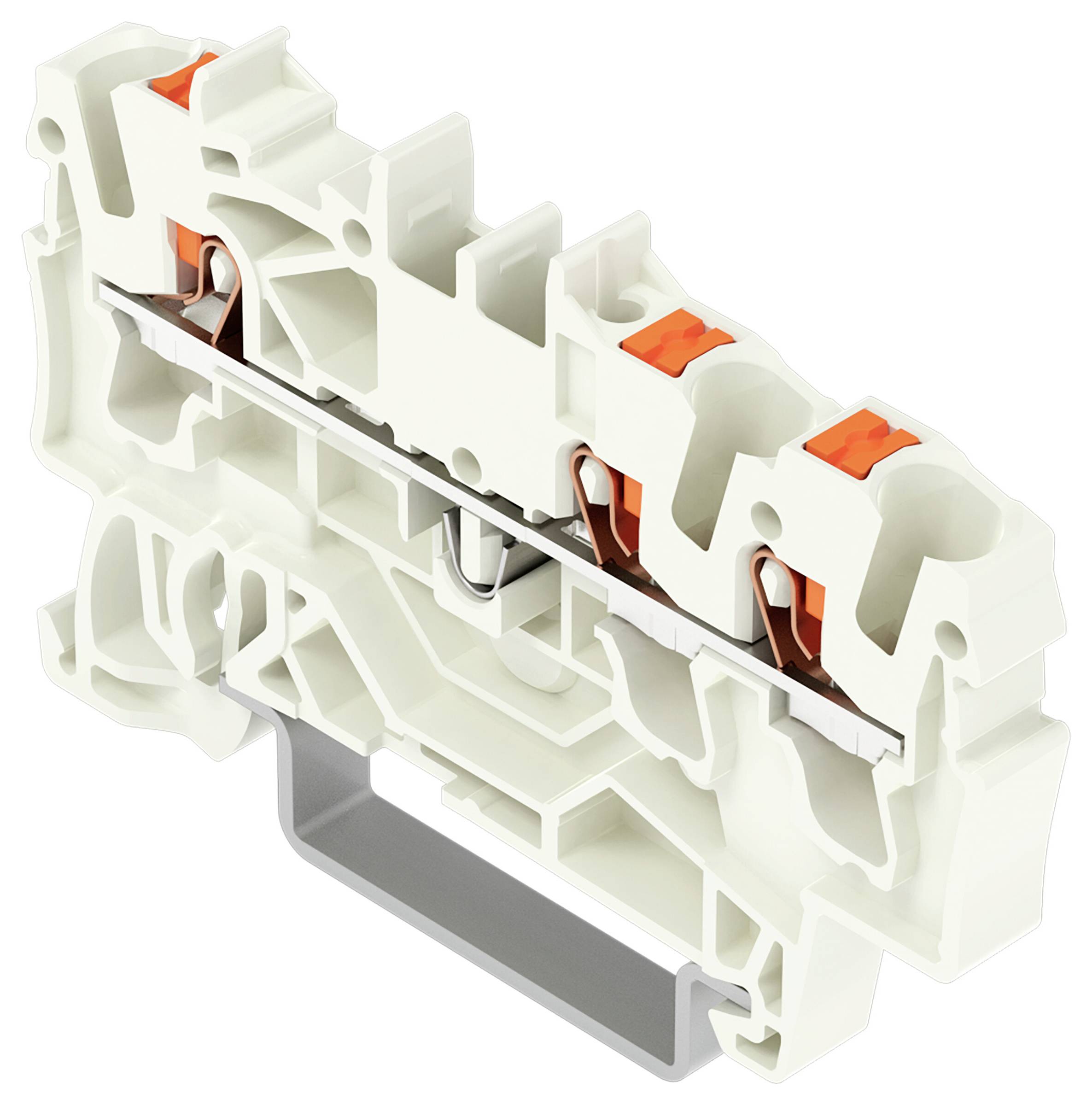 Ein Kunststoff-Klemmenblock mit zwei Metallverbindern und orangefarbenen Hebeln. Entwickelt für elektrische Verbindungen in Verdrahtungs- und Schaltungssystemen.