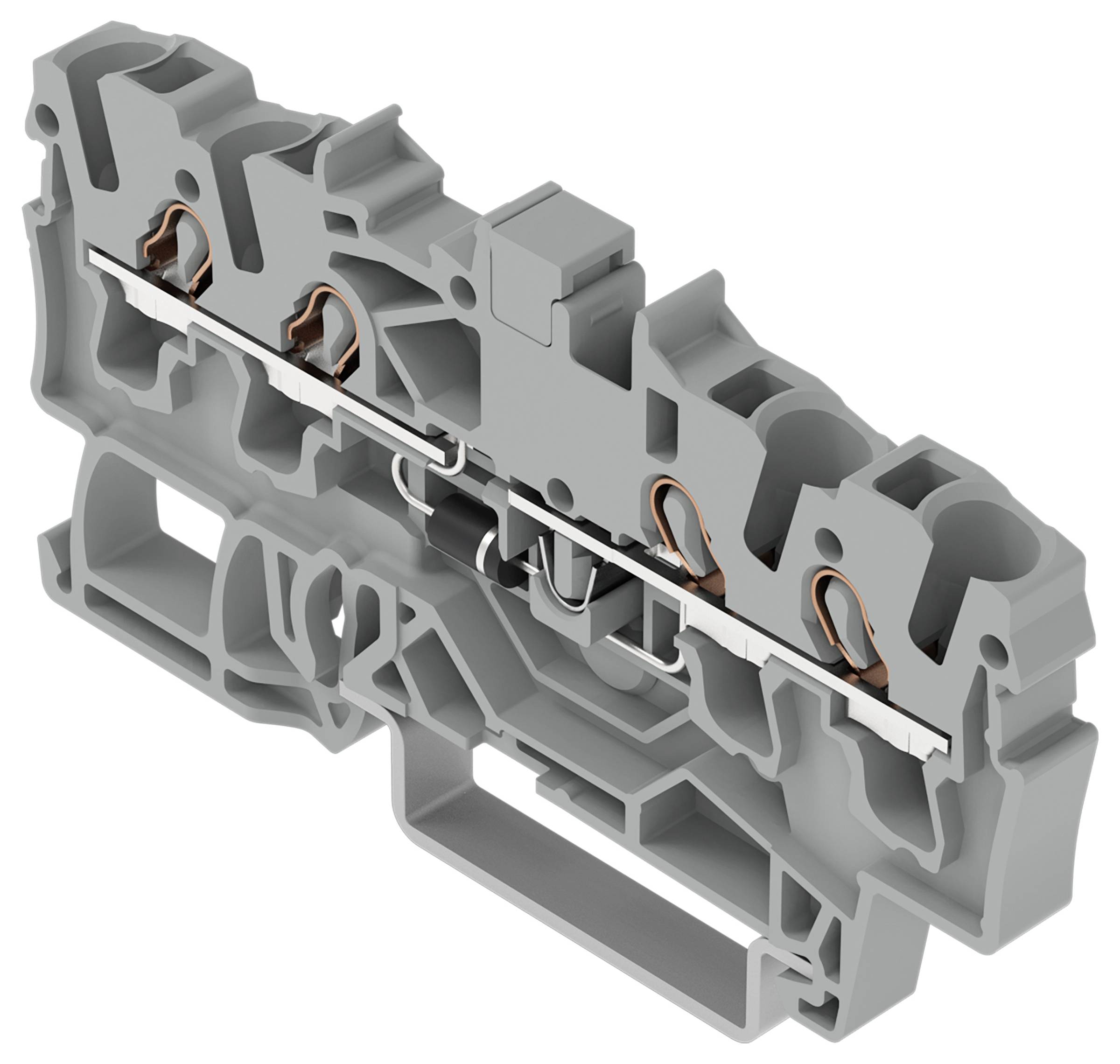 Ein grauer modularer Klemmblock mit sichtbaren Kupferverbindern, der für elektrische Verbindungen in industriellen Umgebungen verwendet wird.