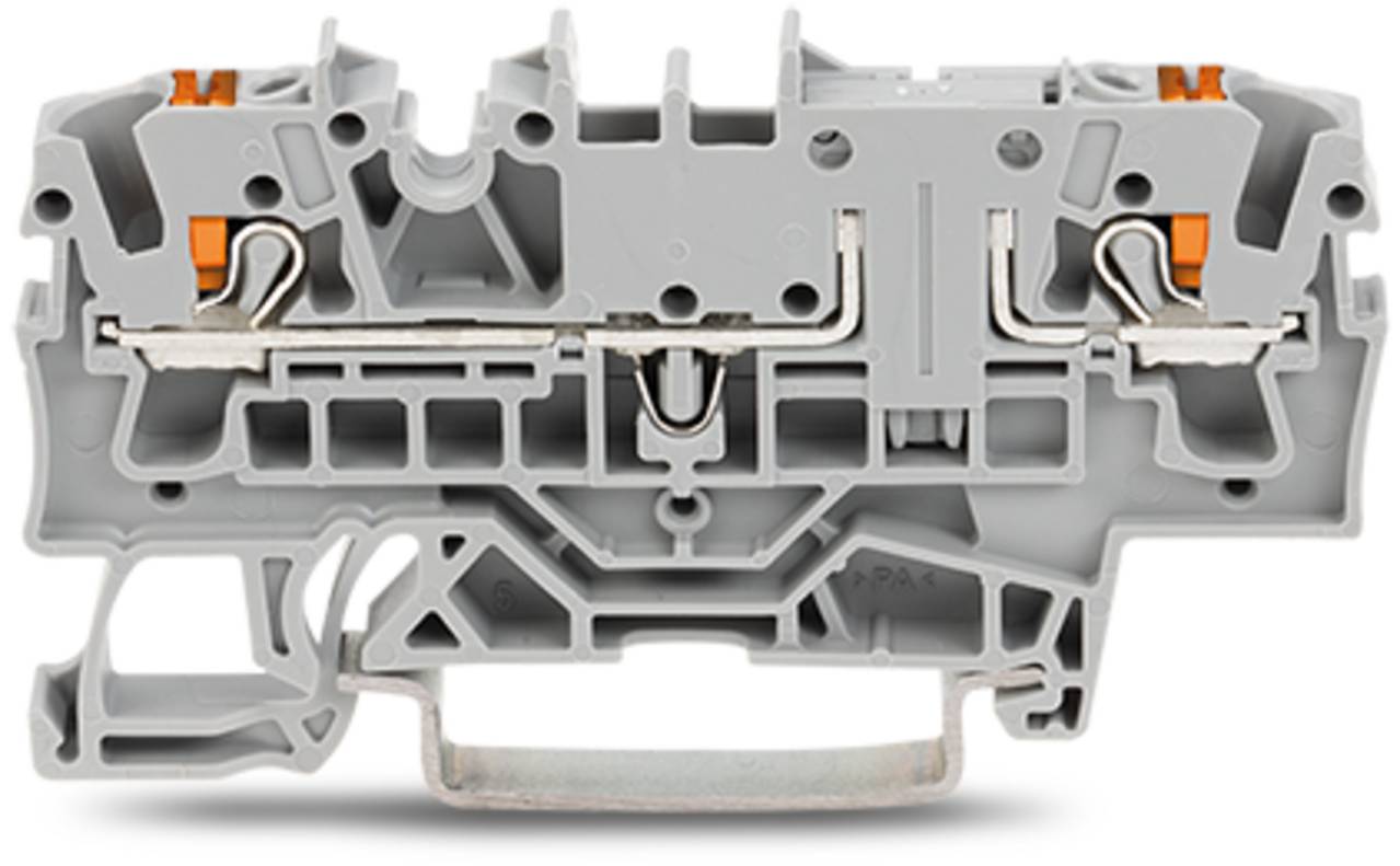 Ein Nahaufnahmebild eines grauen Klemmblocks mit sichtbarem internem Mechanismus und Anschlüssen, das zum Sichern und Beenden von Kabeln verwendet wird.