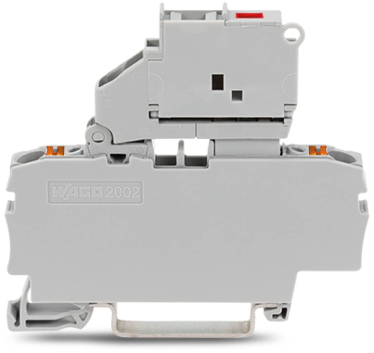 Ein graues Elektroklemmenblock von WAGO, Modell 2002, das sein modulares Design für Verdrahtungszwecke zeigt, mit sichtbaren Anschlüssen und Gehäuse.