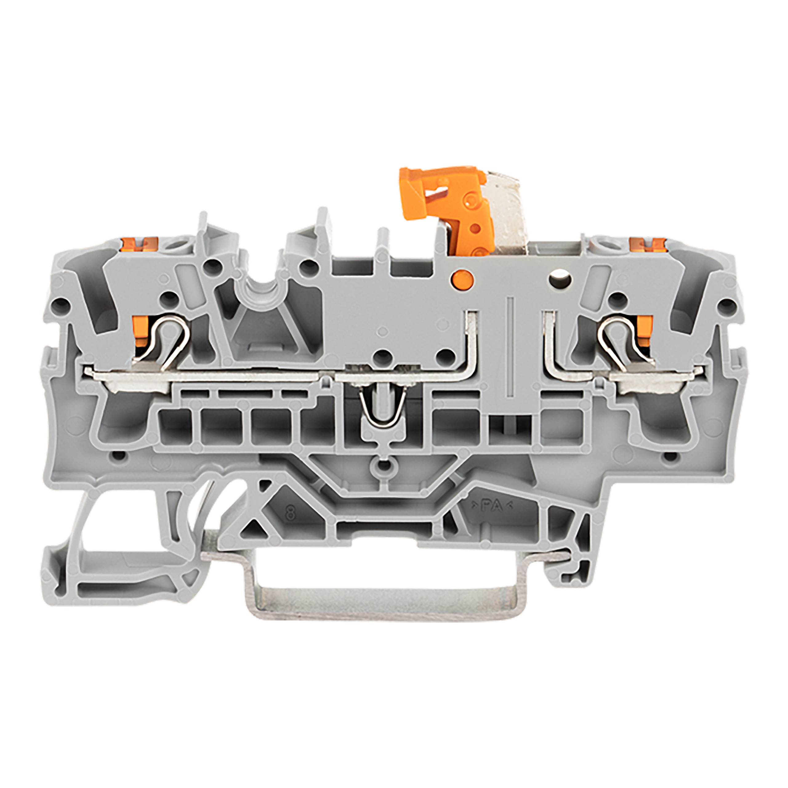Ein graues Elektroklemmleistenblock mit Metallkonnektoren und einem orangenen Hebel zum Sichern von Drähten.