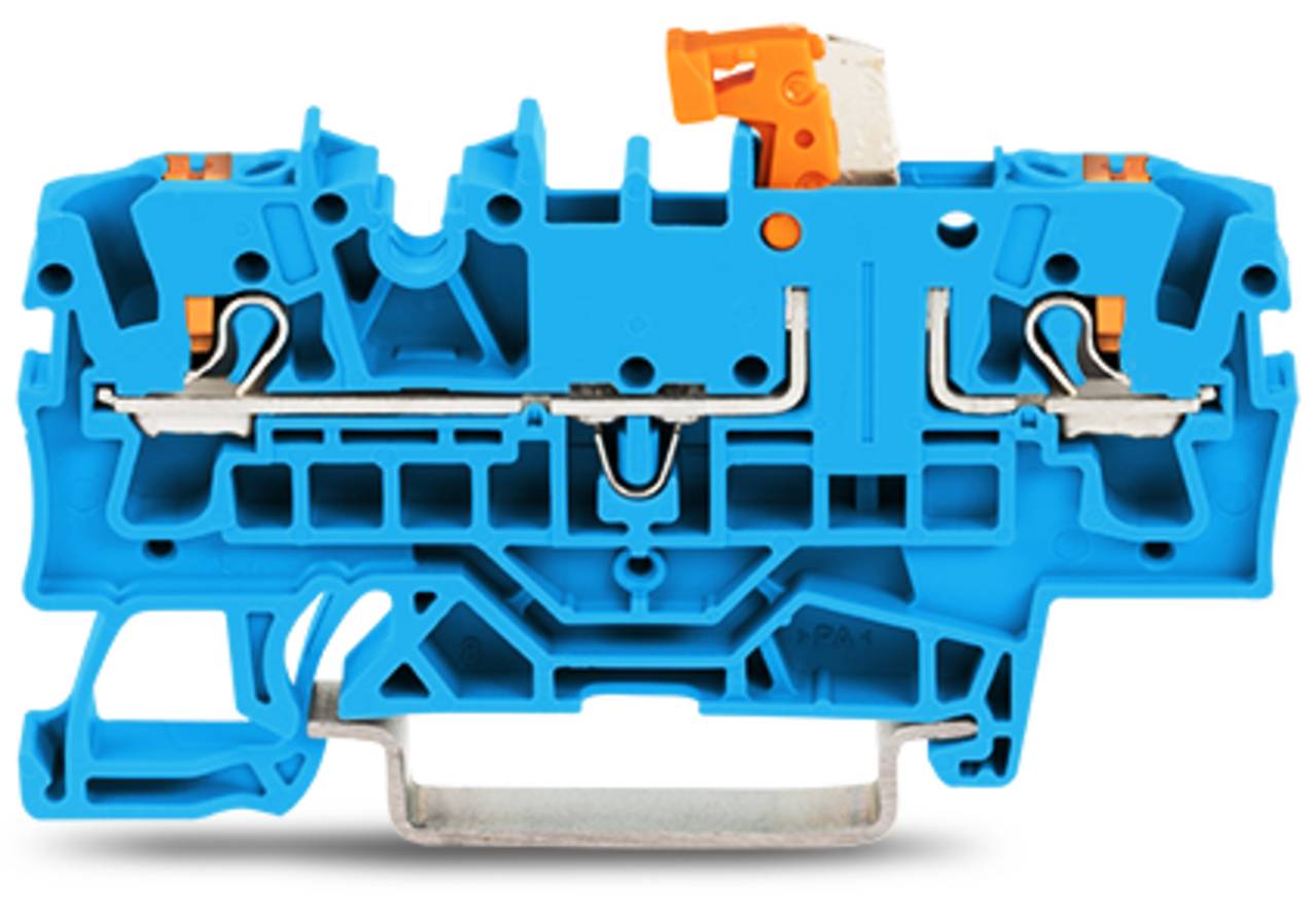 Ein blauer Elektroklemmenblock mit einem orangefarbenen Hebel, der zum Verbinden und Organisieren von Verdrahtung in Elektroverteilern verwendet wird.