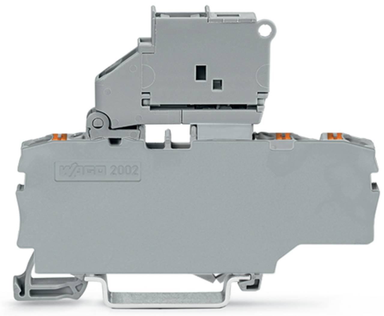 Eine graue WAGO 2002 Elektrikklemmleiste von der Seite dargestellt, die ihr kompaktes Design und ihre modularen Konstruktionsmerkmale zeigt.