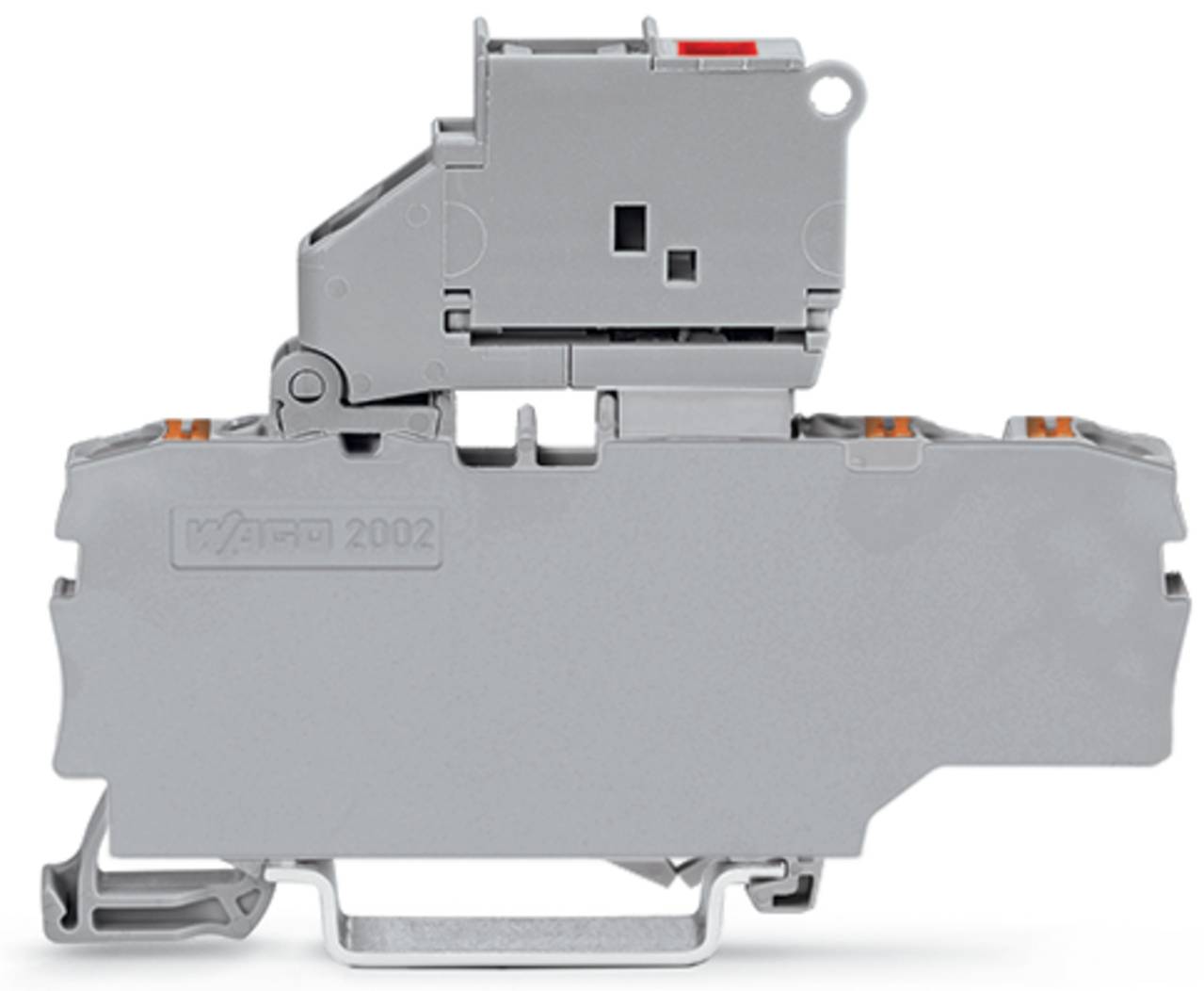 Ein graues Elektroterminal-Block mit komplizierten Steckverbindern, mit der Bezeichnung 'WAGO 2002', das für die Drahtführung in Elektrosystemen verwendet wird.